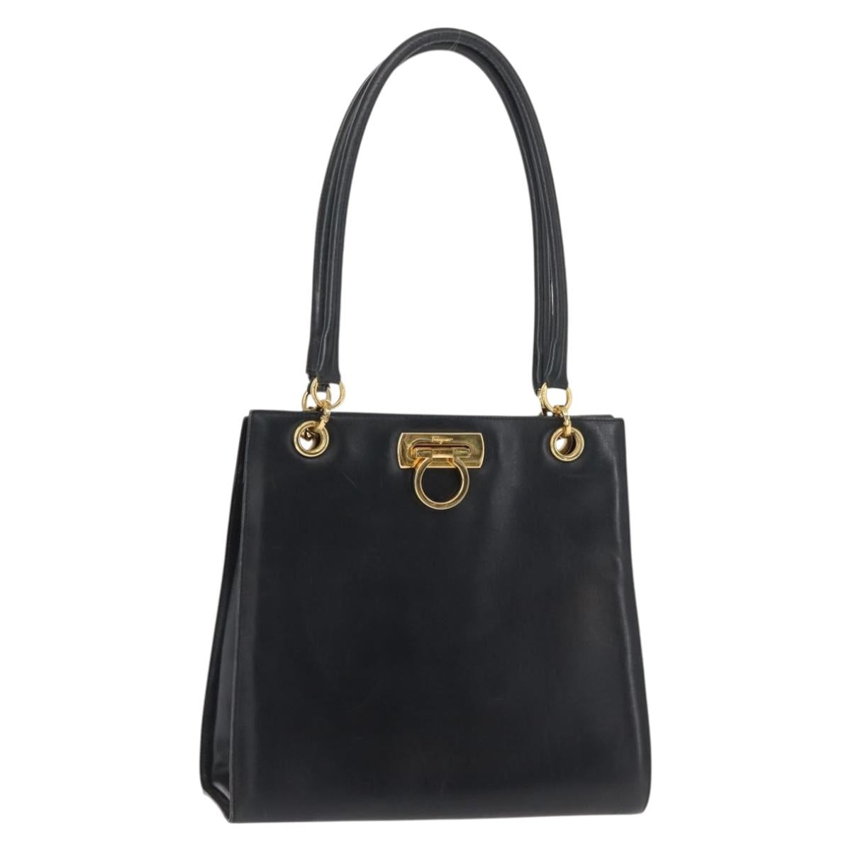 Salvatore Ferragamo Gancini Shoulder Bag Leather Navy Gold Auth 148175