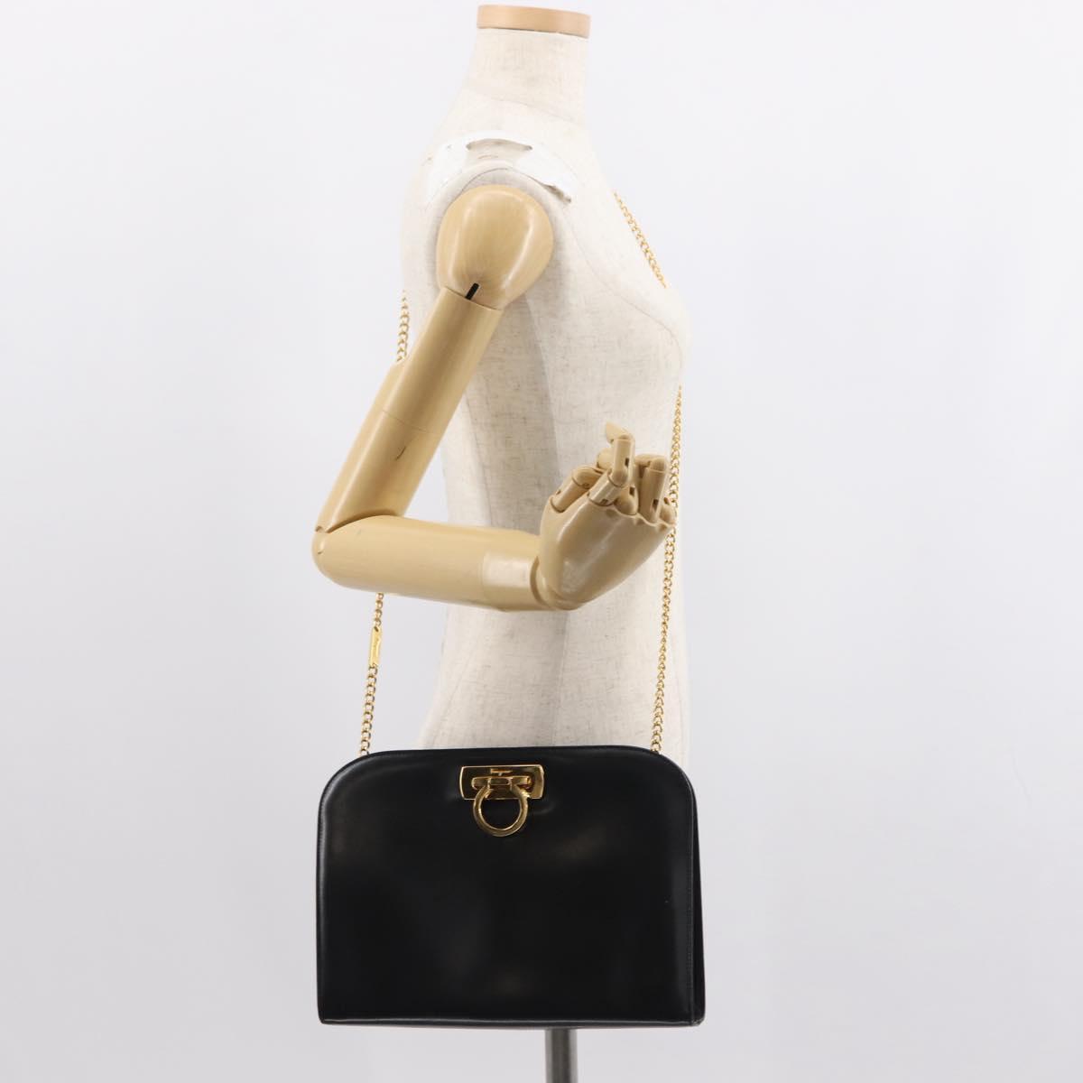 Salvatore Ferragamo Gancini Chain Shoulder Bag Leather Black Gold Auth 148176