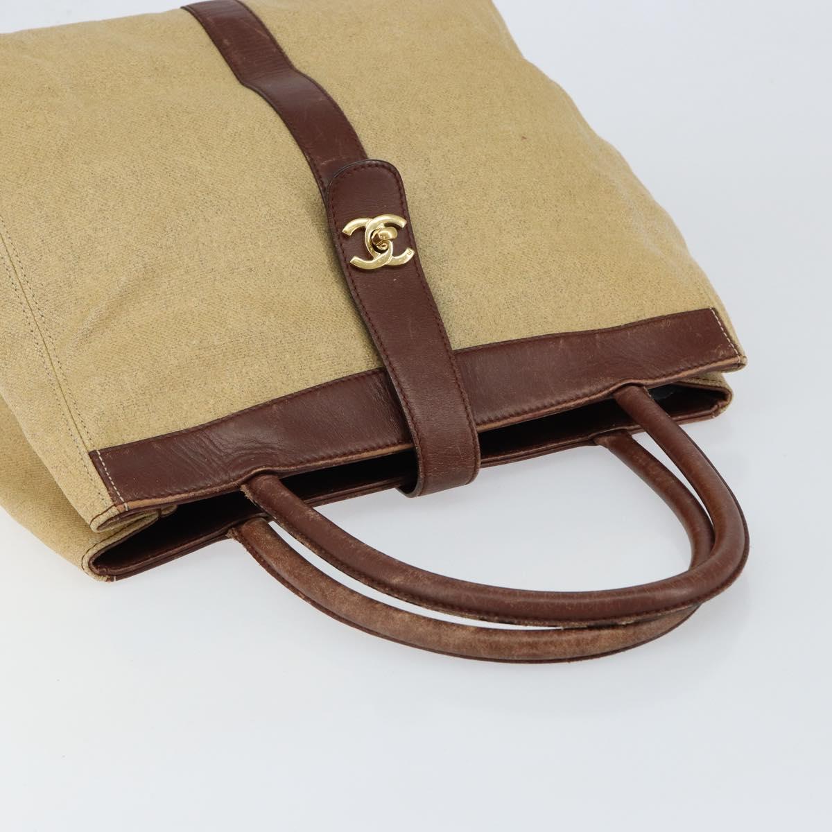 CHANEL Tote Bag Canvas Leather Beige Gold CC Auth 148197