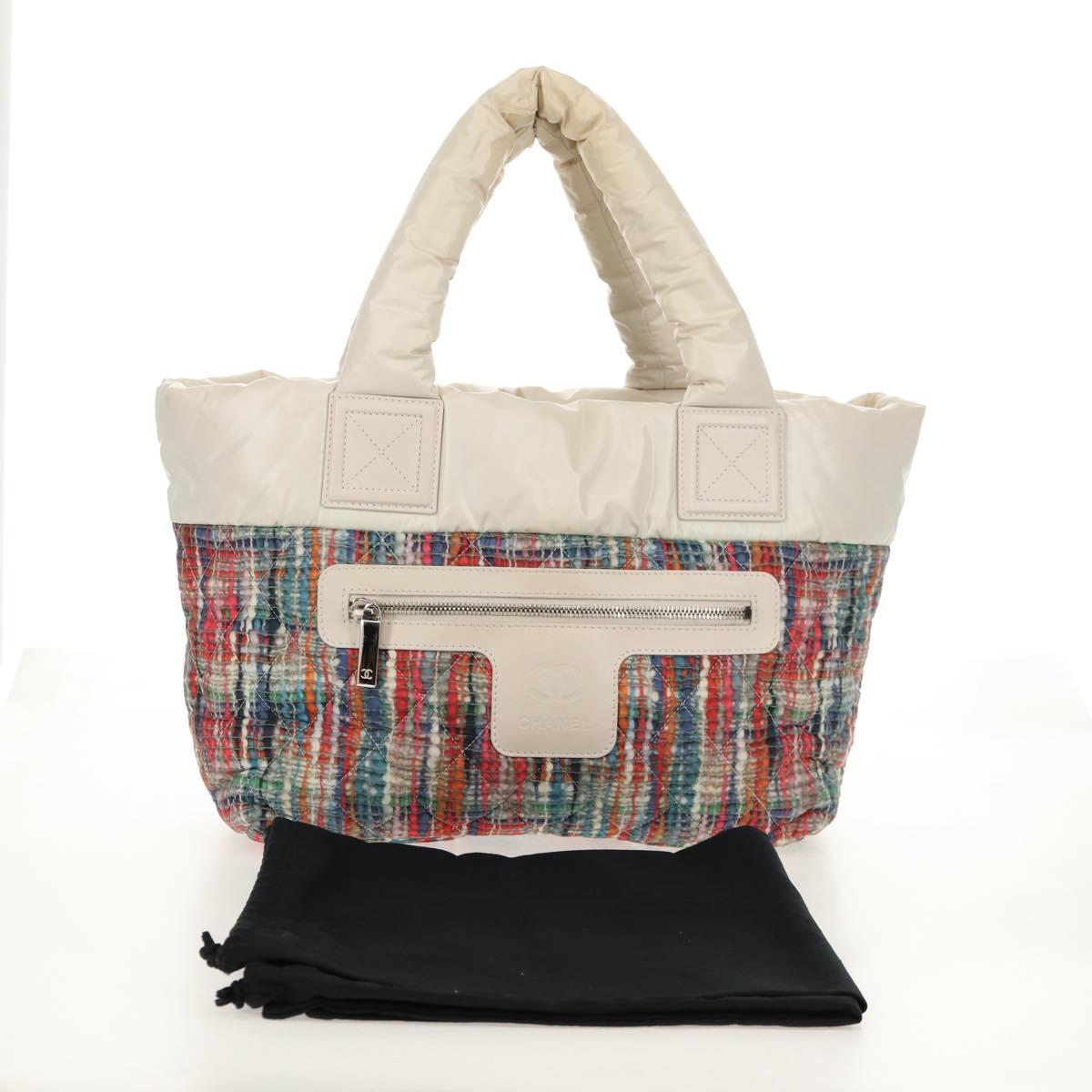 CHANEL Cococoon Tote Bag Nylon White Silver CC Auth 148203V