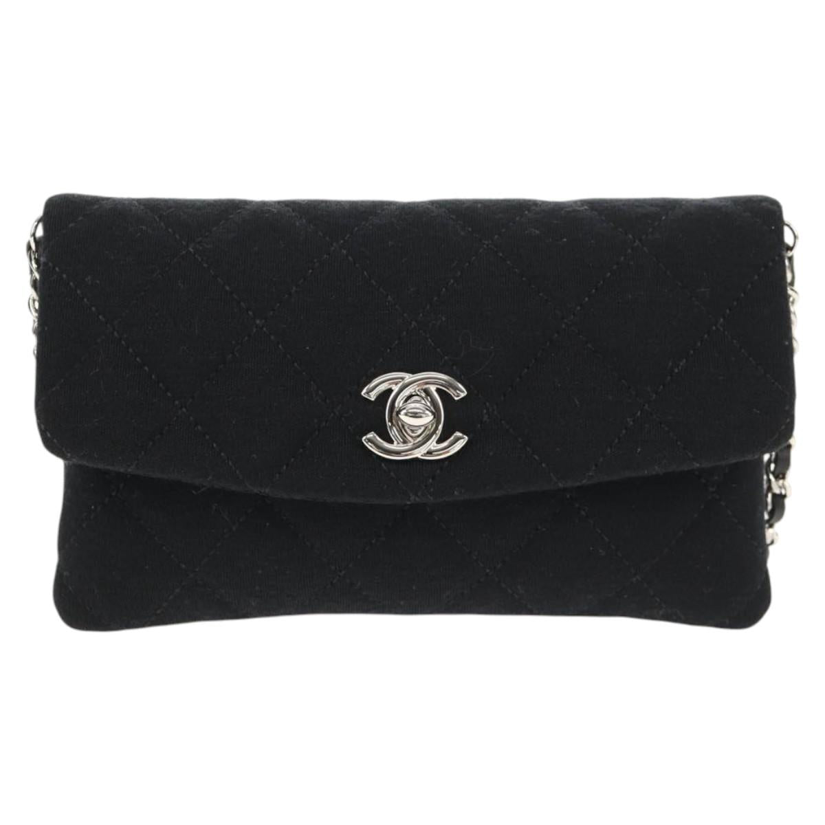 CHANEL Chain Shoulder Bag Cotton Black Silver CC Auth 148204V