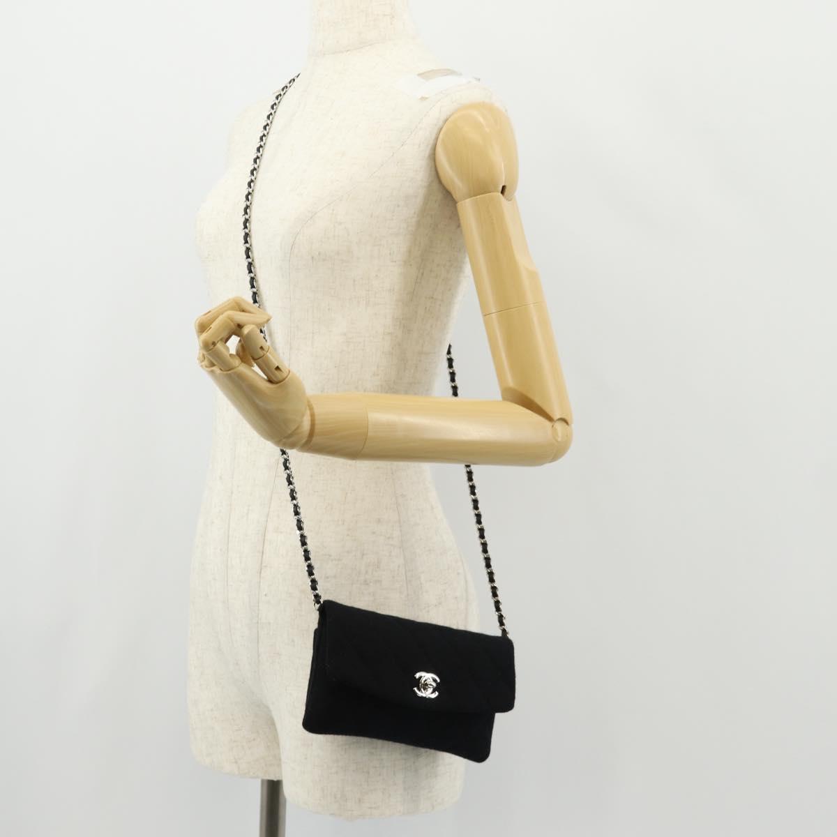 CHANEL Chain Shoulder Bag Cotton Black Silver CC Auth 148204V