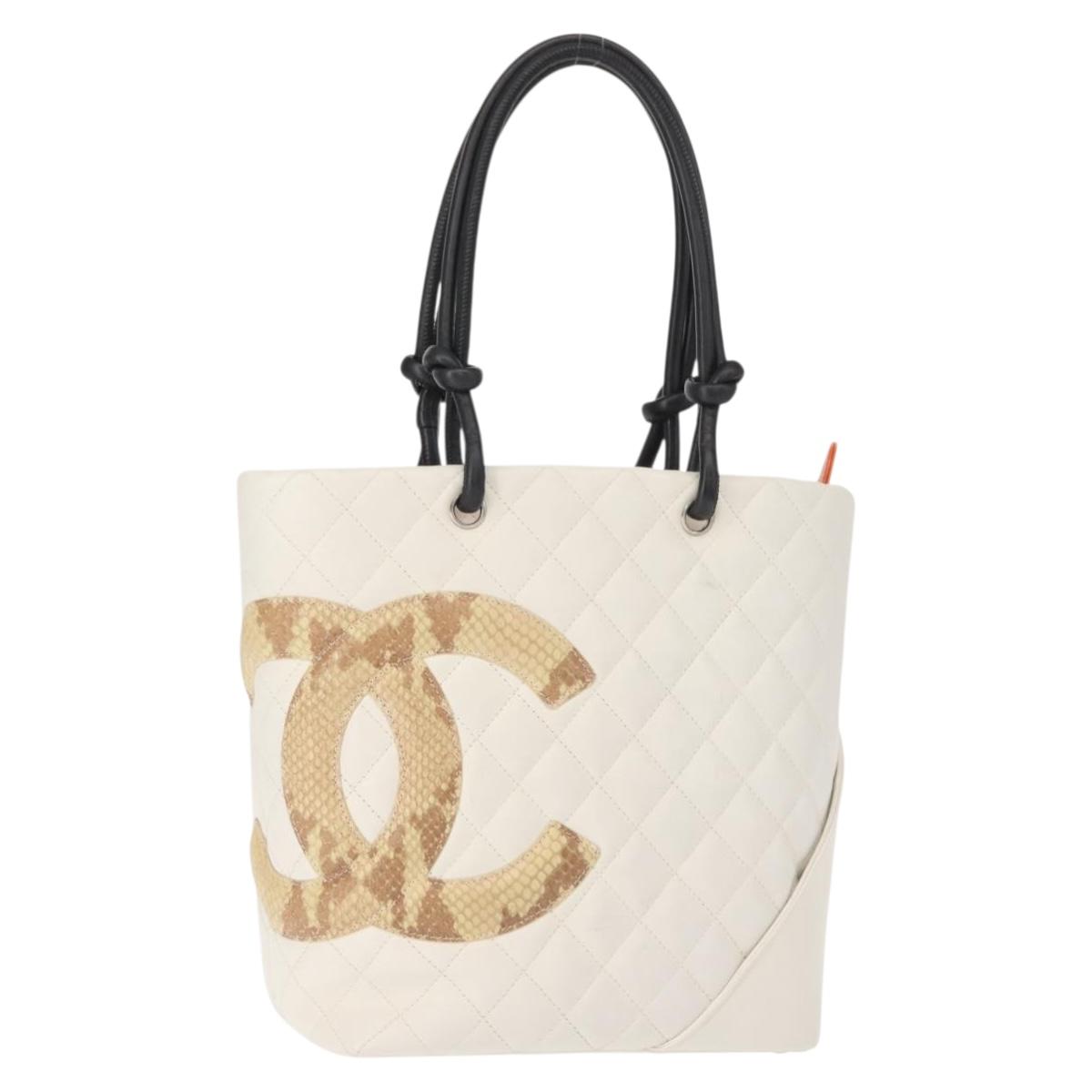 CHANEL Cambon Line Tote Bag Lamb Skin White Silver CC Auth 148211