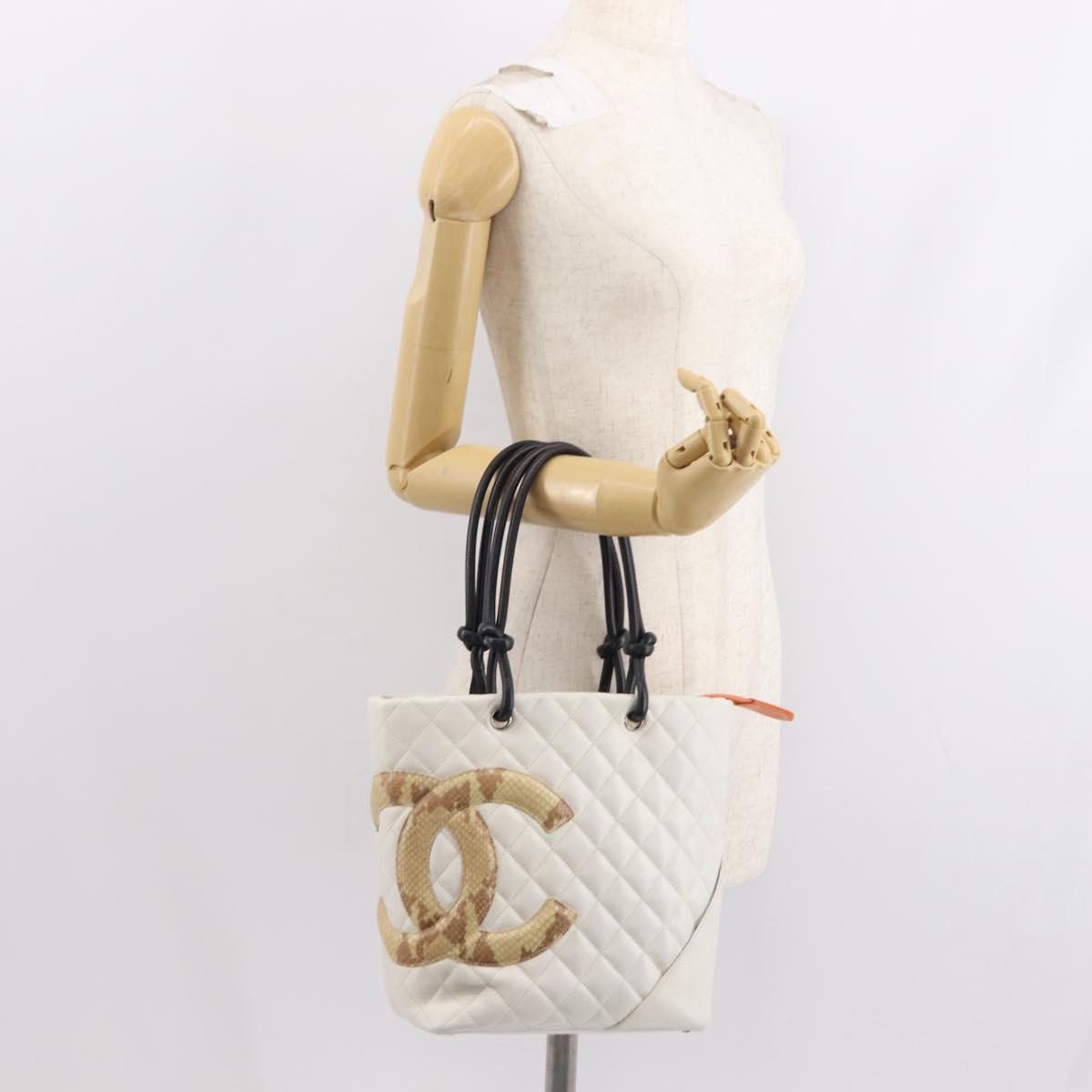 CHANEL Cambon Line Tote Bag Lamb Skin White Silver CC Auth 148211