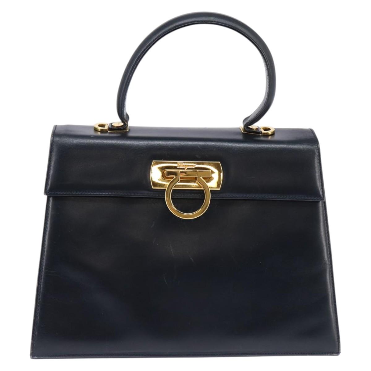 Salvatore Ferragamo Gancini Hand Bag Leather Navy Gold Auth 148230