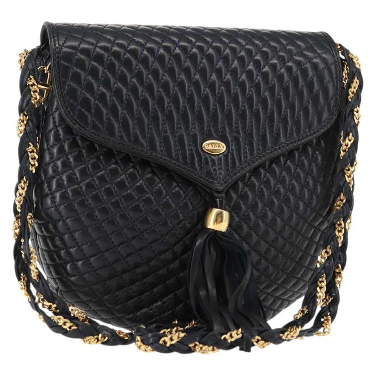 BALLY Chain Shoulder Bag Leather Navy Gold Auth 148234