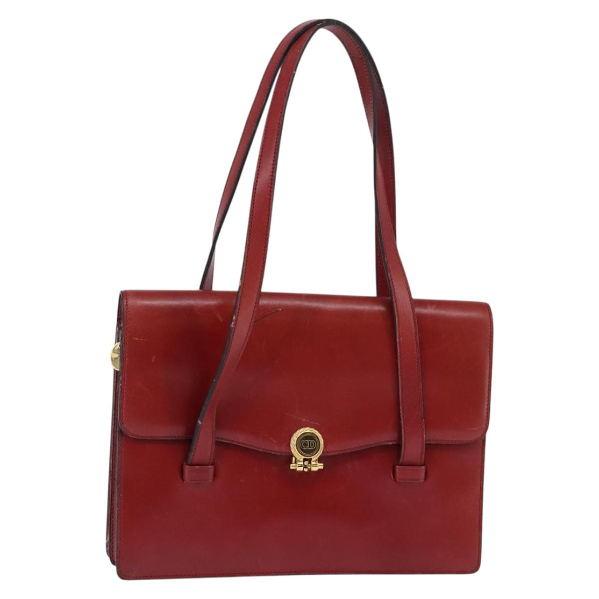 Christian Dior Hand Bag Leather Gold Red Auth 148235