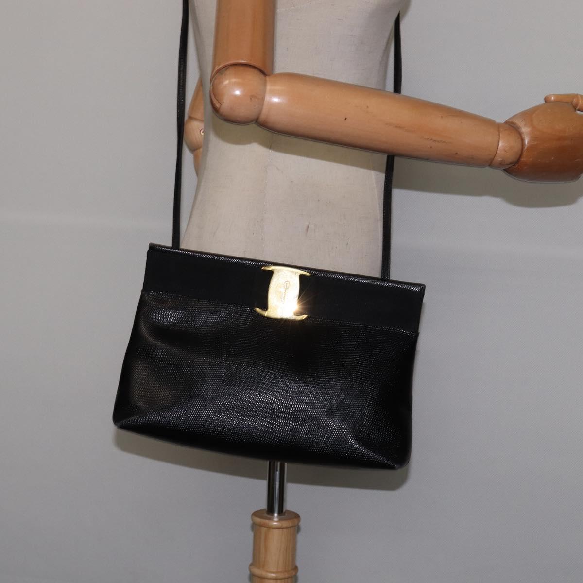 Salvatore Ferragamo Vala Shoulder Bag Leather Black Gold Auth 148245