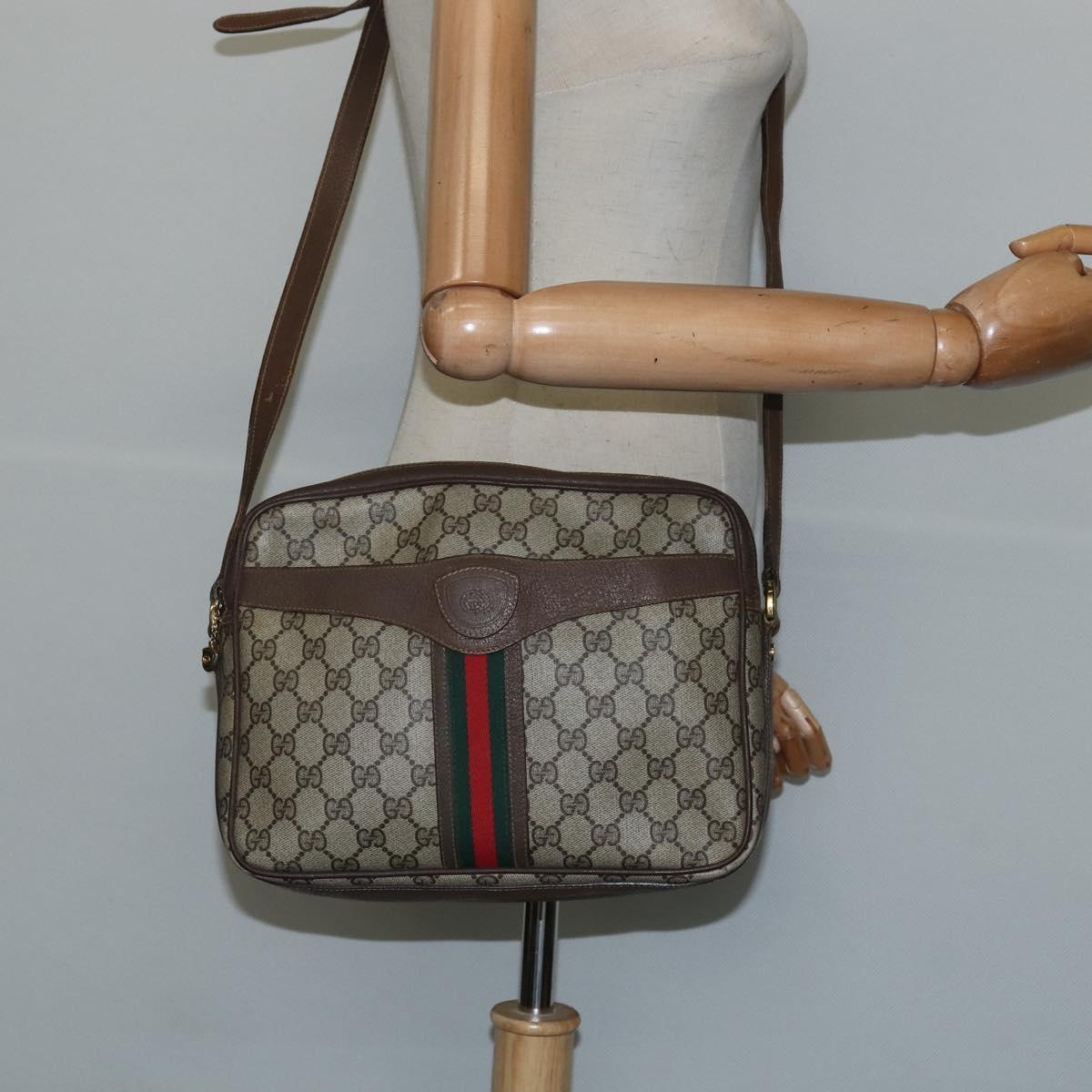 GUCCI GG Supreme Web Sherry Line Shoulder Bag PVC Beige Red Auth 148262