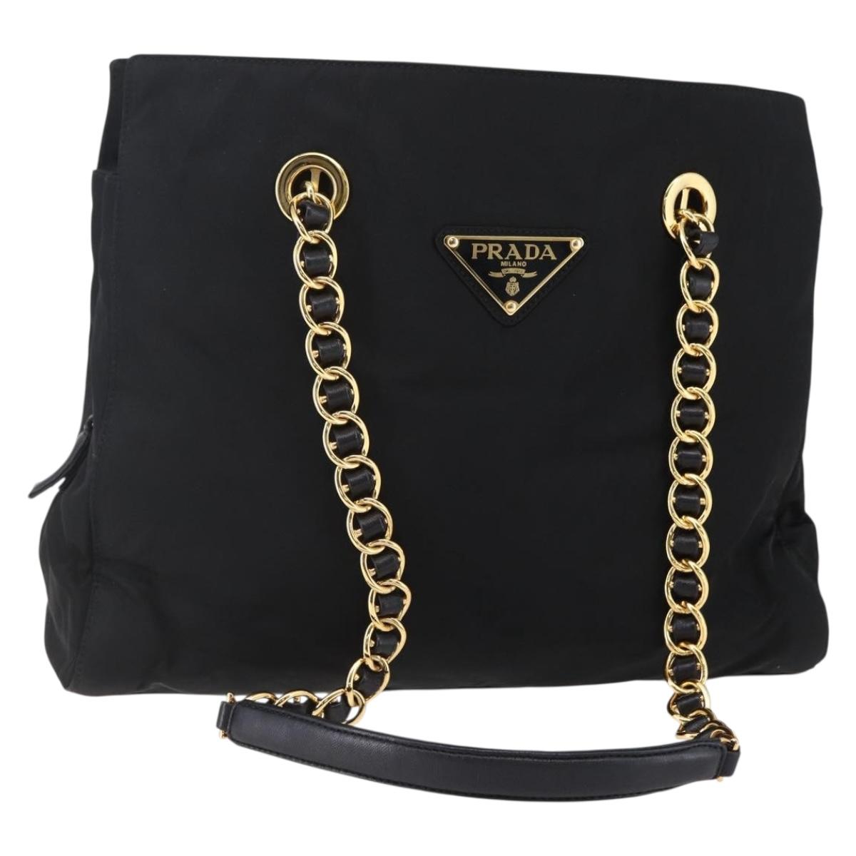 PRADA Chain Shoulder Bag Nylon Black Gold Auth 148283