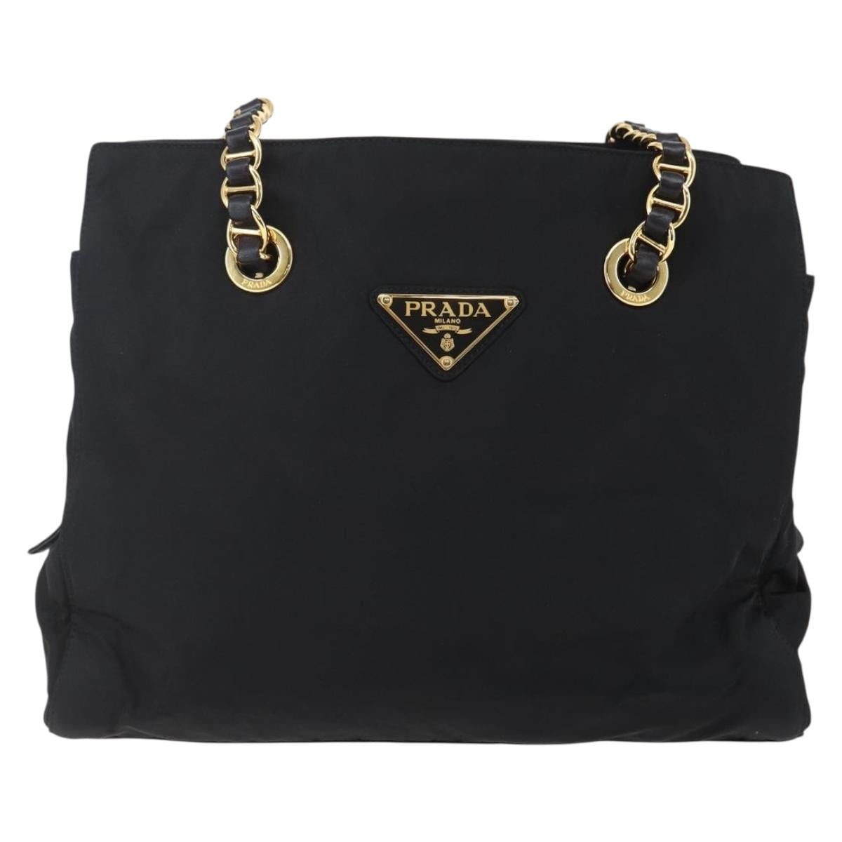 PRADA Chain Shoulder Bag Nylon Black Gold Auth 148283