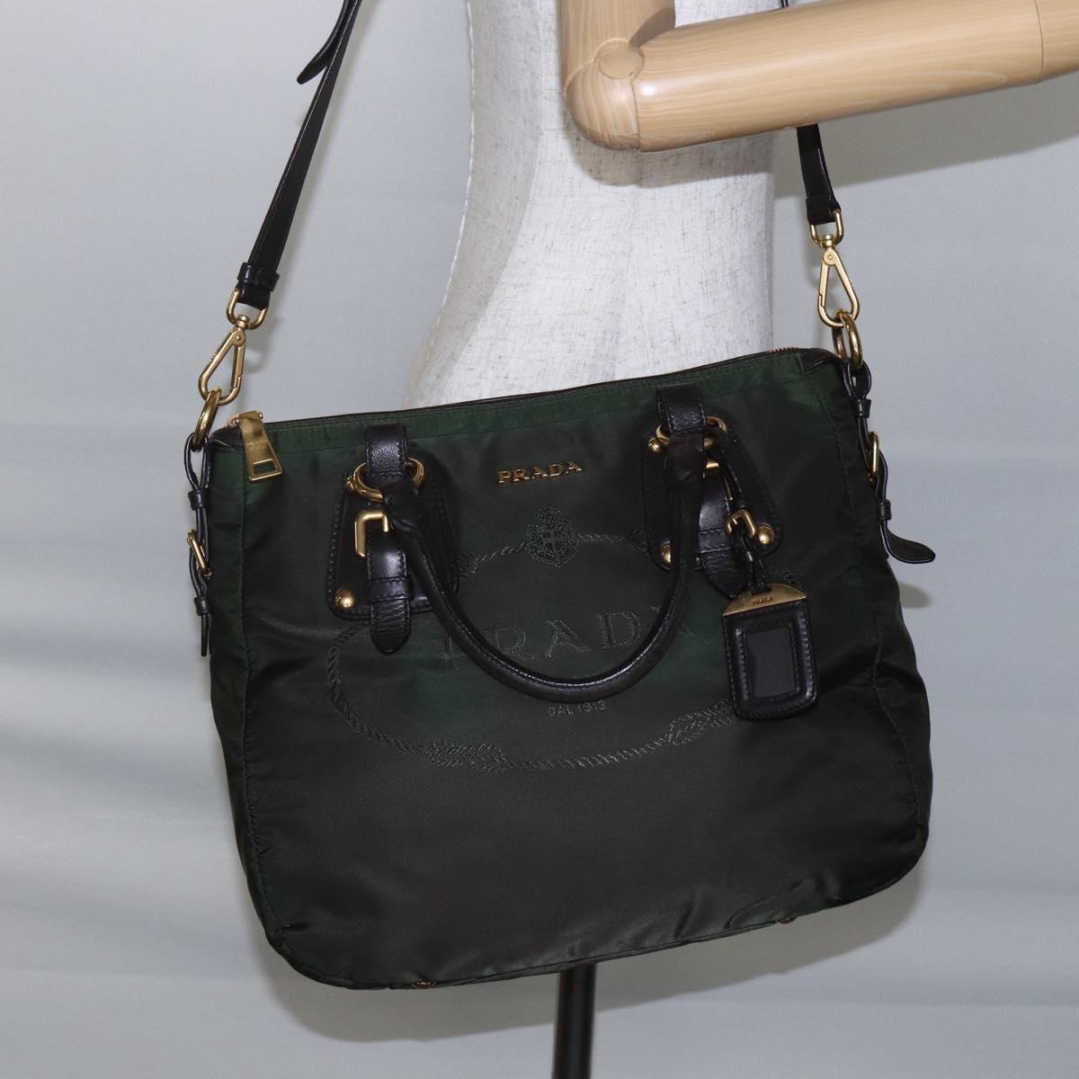 PRADA Hand Bag Nylon 2way Khaki Gold Auth 148290