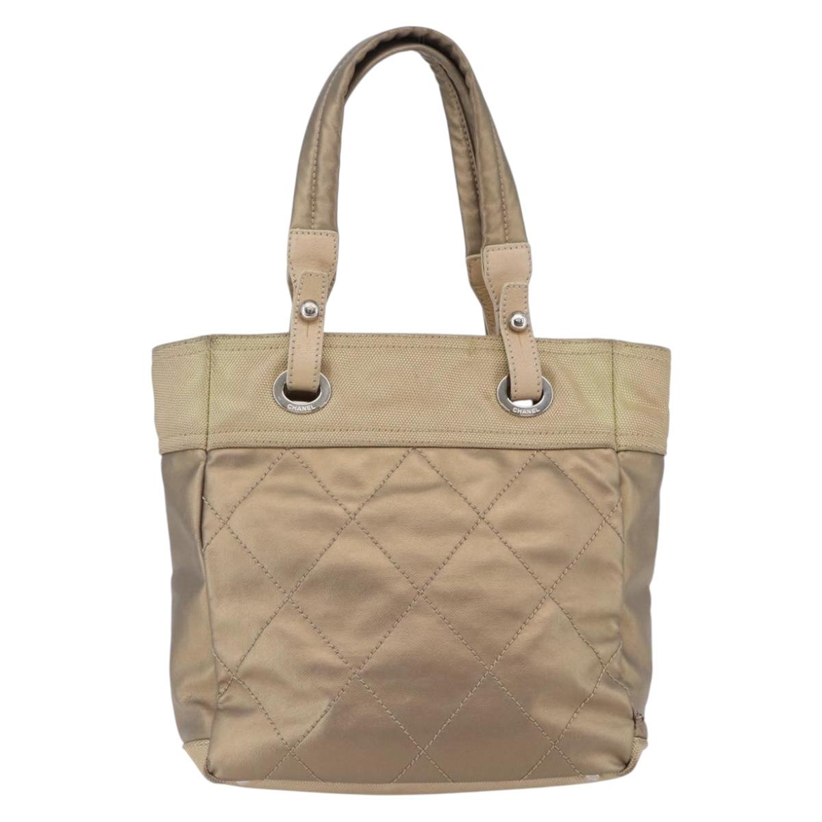CHANEL Paris Biarritz PM Tote Bag Coated Canvas Gold CC Auth 148314