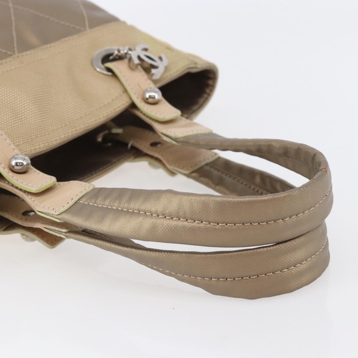 CHANEL Paris Biarritz PM Tote Bag Coated Canvas Gold CC Auth 148314