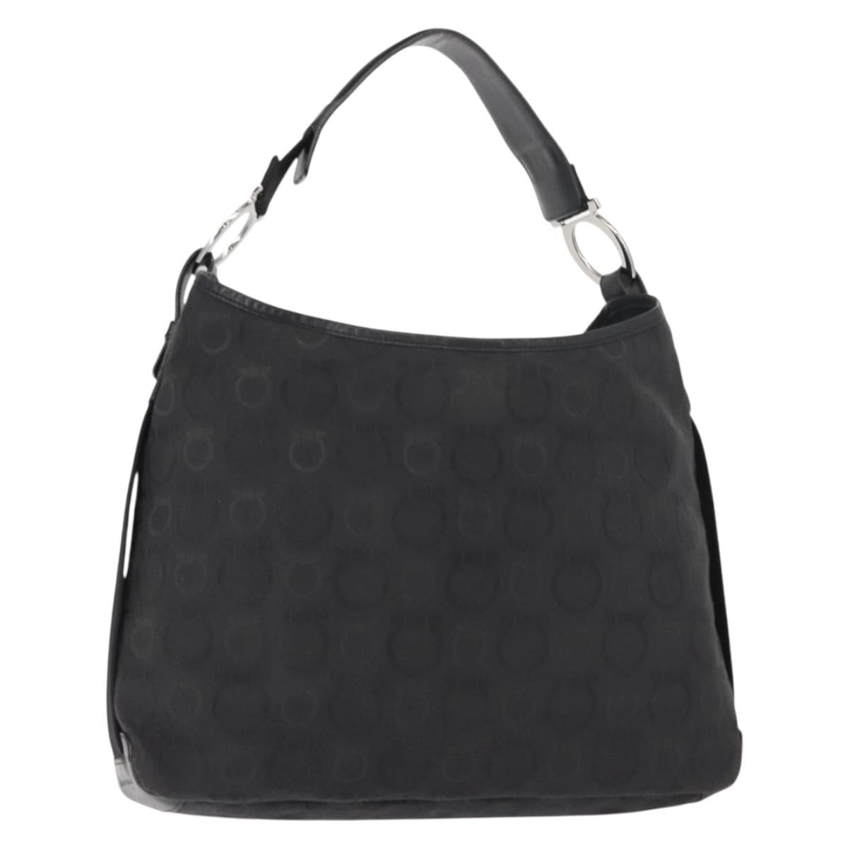 Salvatore Ferragamo Gancini Shoulder Bag Canvas Black Silver Auth 148320
