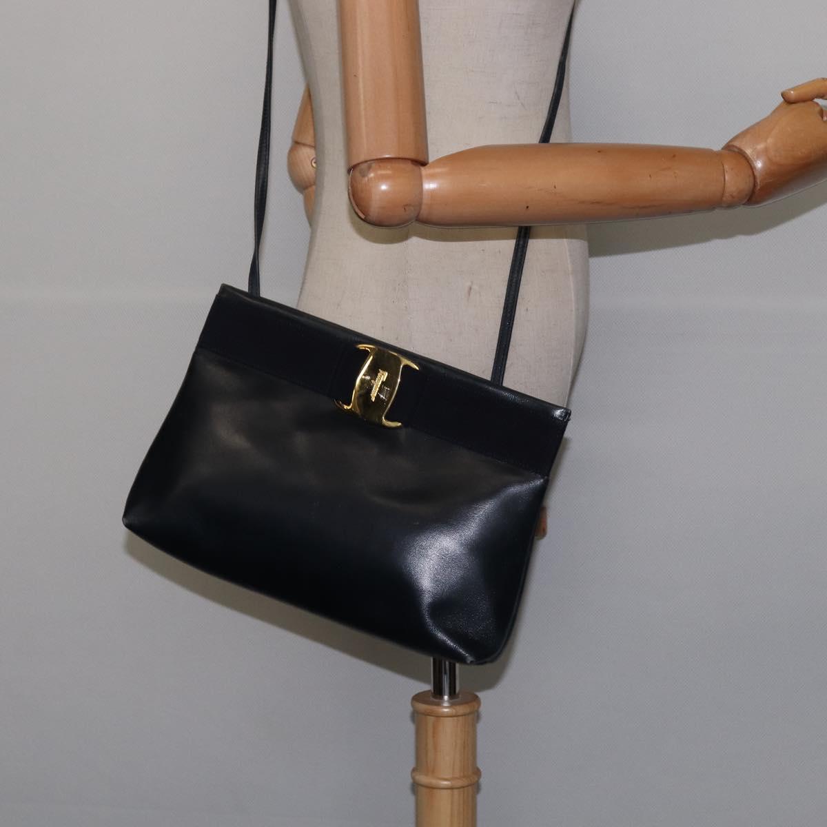 Salvatore Ferragamo Vala Shoulder Bag Leather Navy Gold Auth 148321