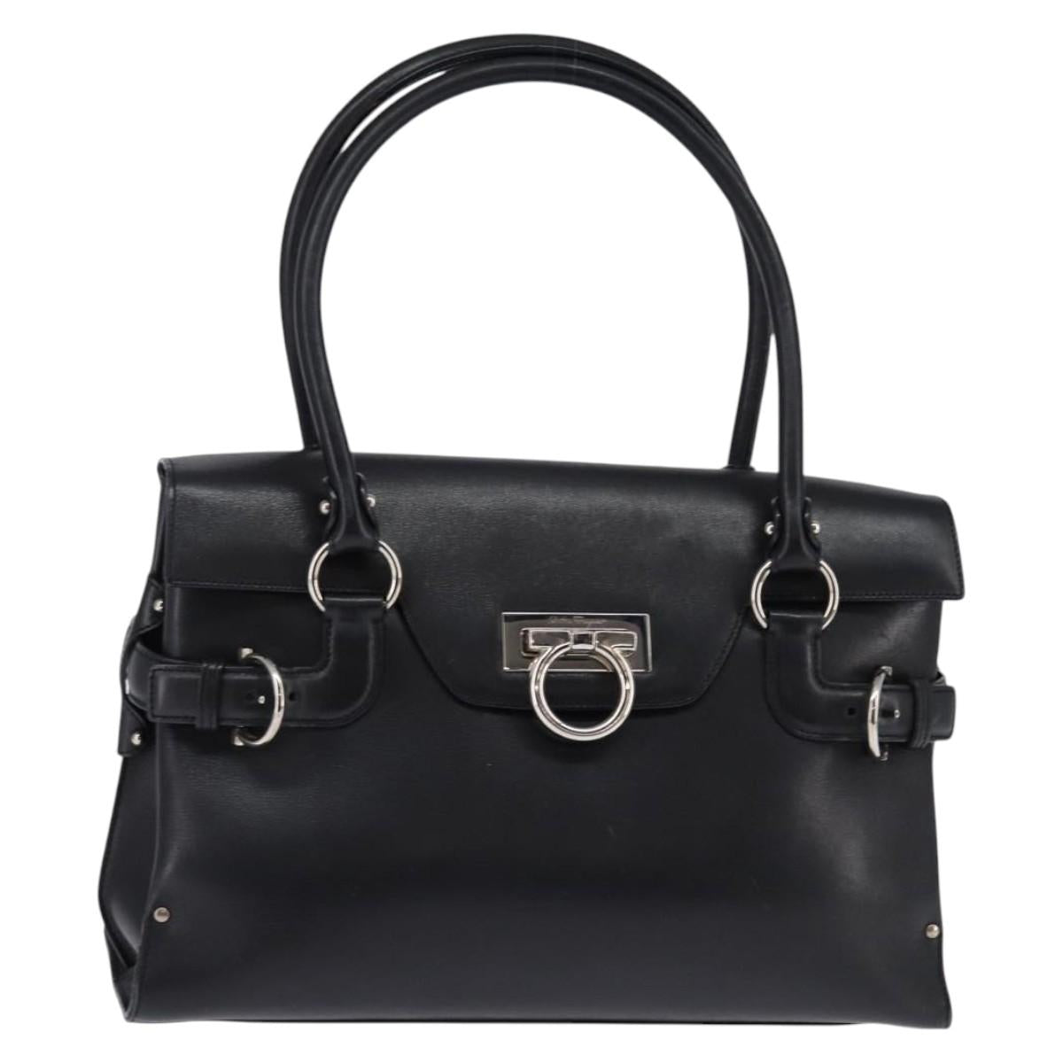 Salvatore Ferragamo Gancini Hand Bag Leather Black Silver Auth 148322