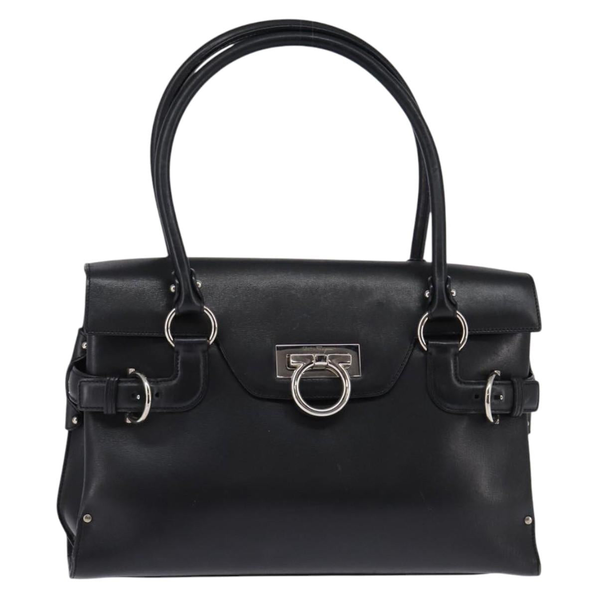 Salvatore Ferragamo Gancini Hand Bag Leather Black Silver Auth 148322
