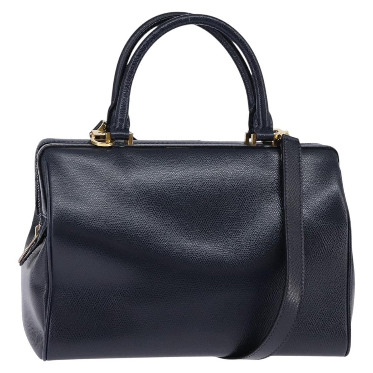 CELINE Hand Bag Leather 2way Navy Gold Auth 148353