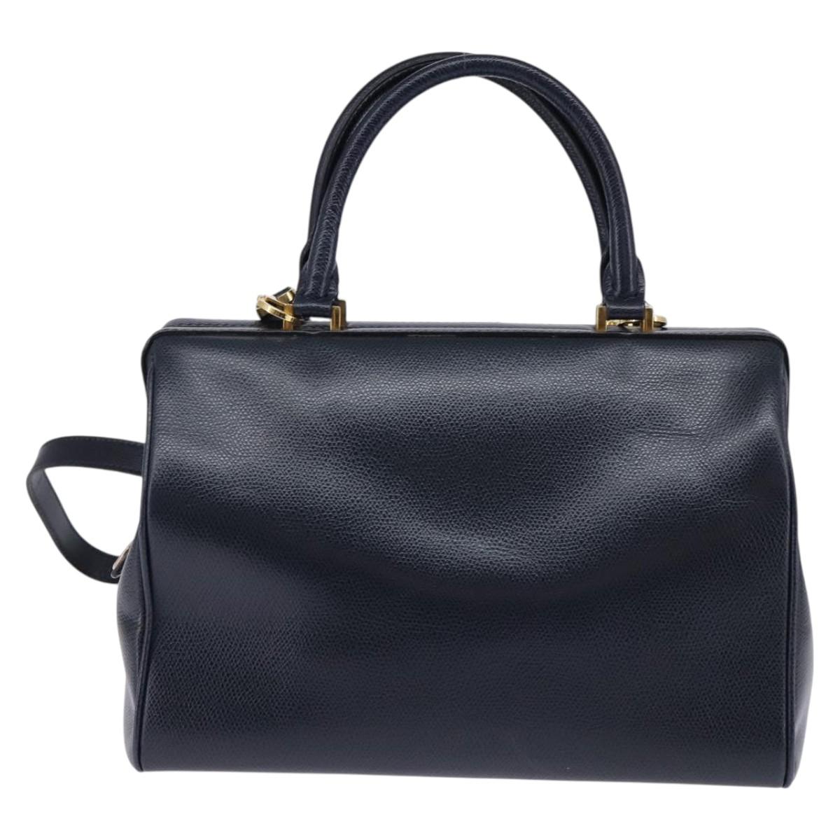 CELINE Hand Bag Leather 2way Navy Gold Auth 148353