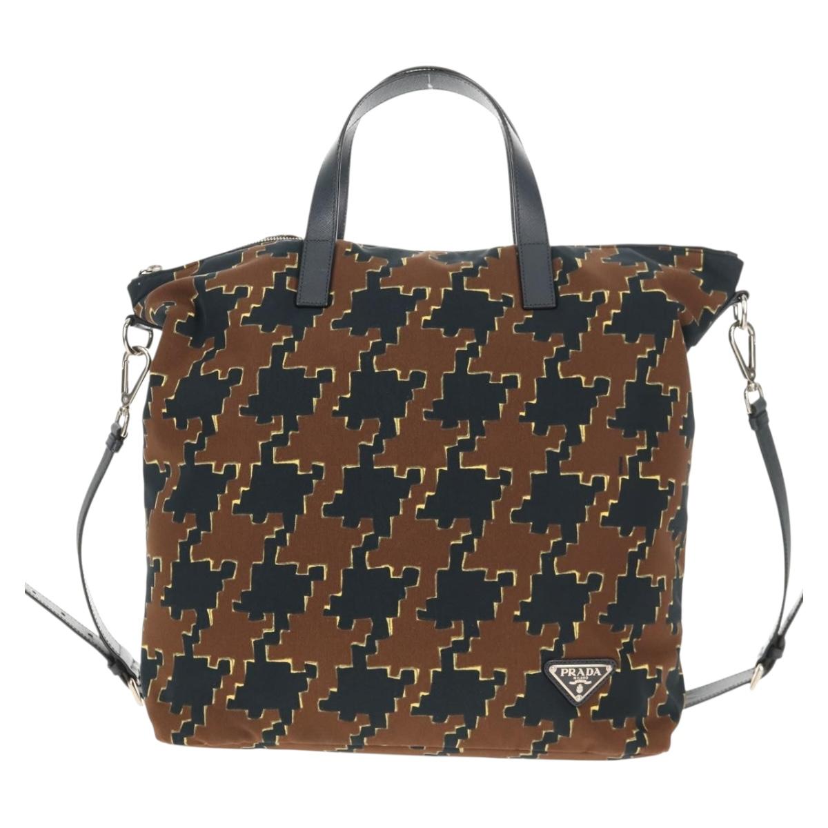 PRADA Hand Bag Nylon 2way Brown Silver Auth 148372