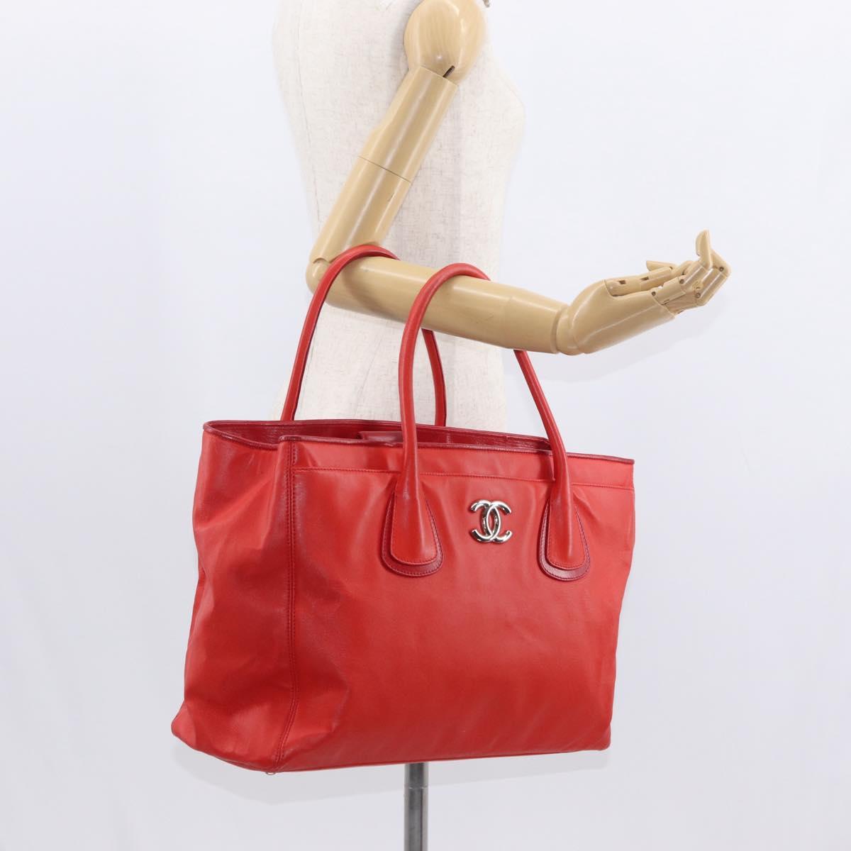 CHANEL Tote Bag Leather Red Silver CC Auth 148379