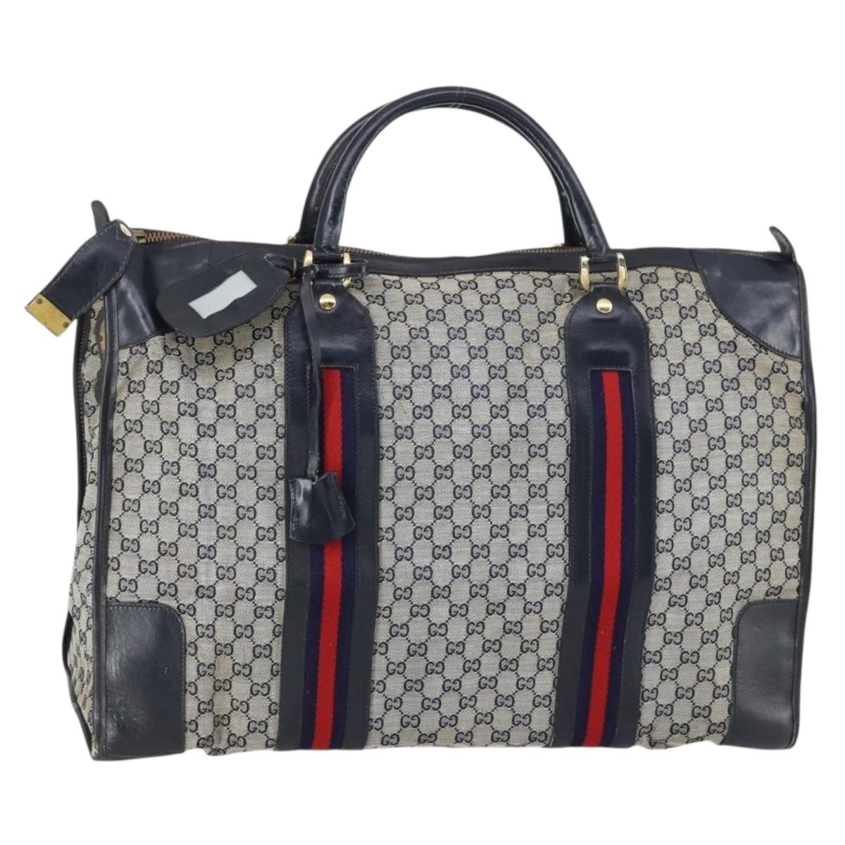 GUCCI GG Canvas Sherry Line Hand Bag Navy Gold Red Auth 148418