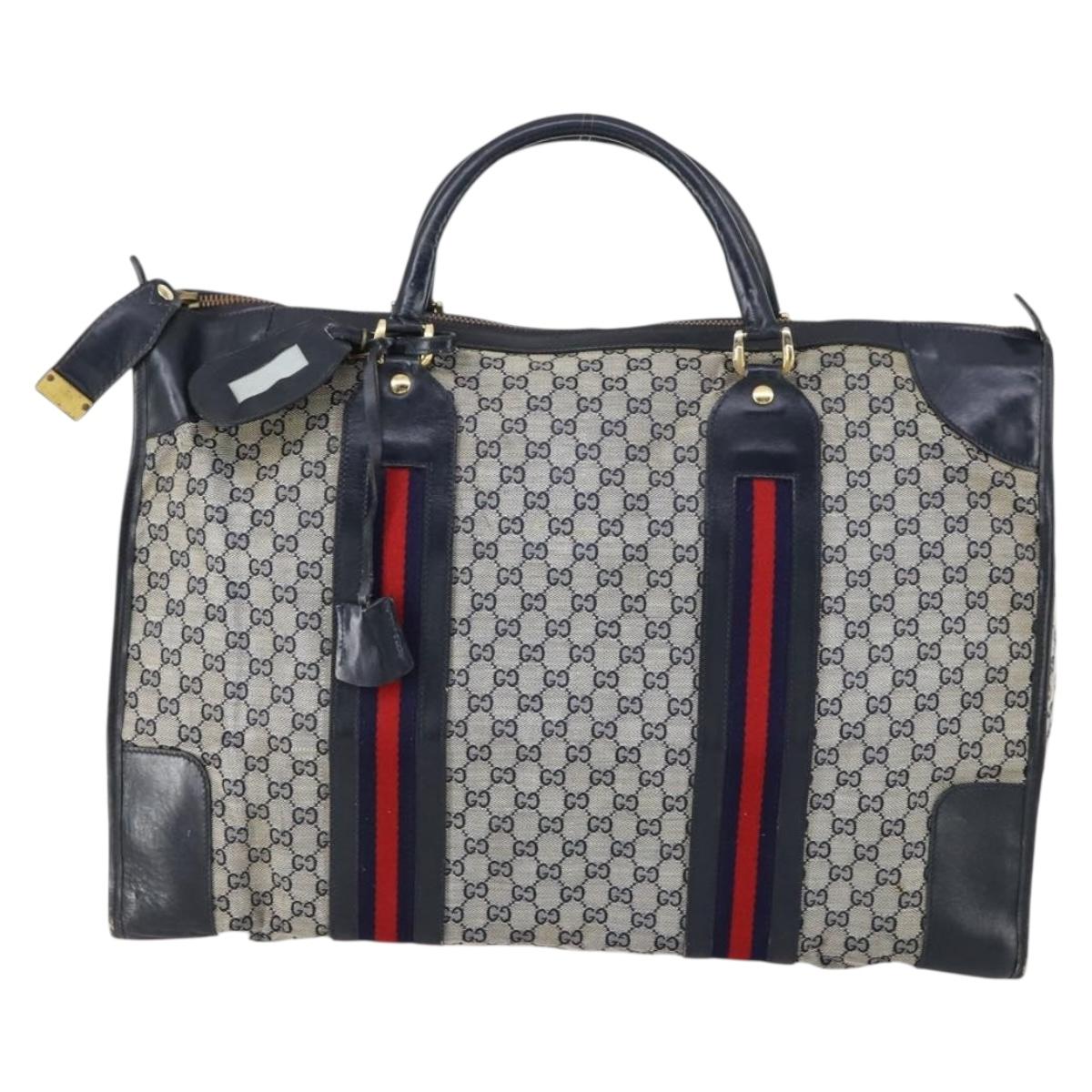 GUCCI GG Canvas Sherry Line Hand Bag Navy Gold Red Auth 148418
