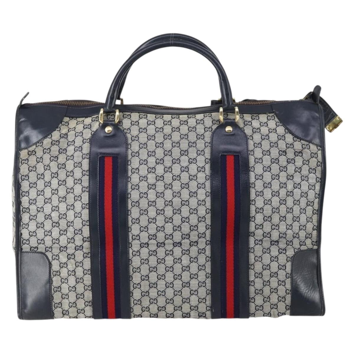 GUCCI GG Canvas Sherry Line Hand Bag Navy Gold Red Auth 148418