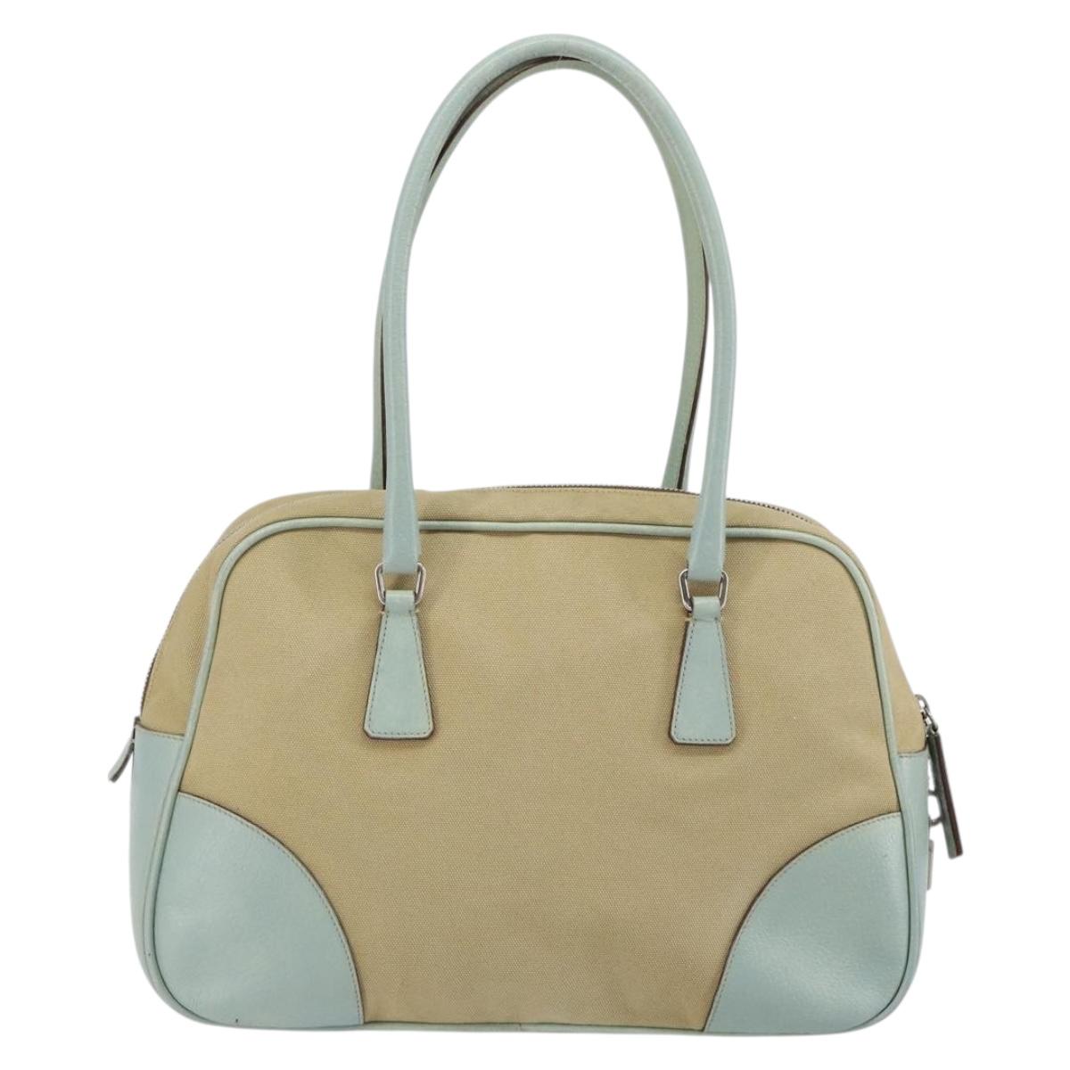 PRADA Boston Bag Canvas Beige Silver Auth 148422