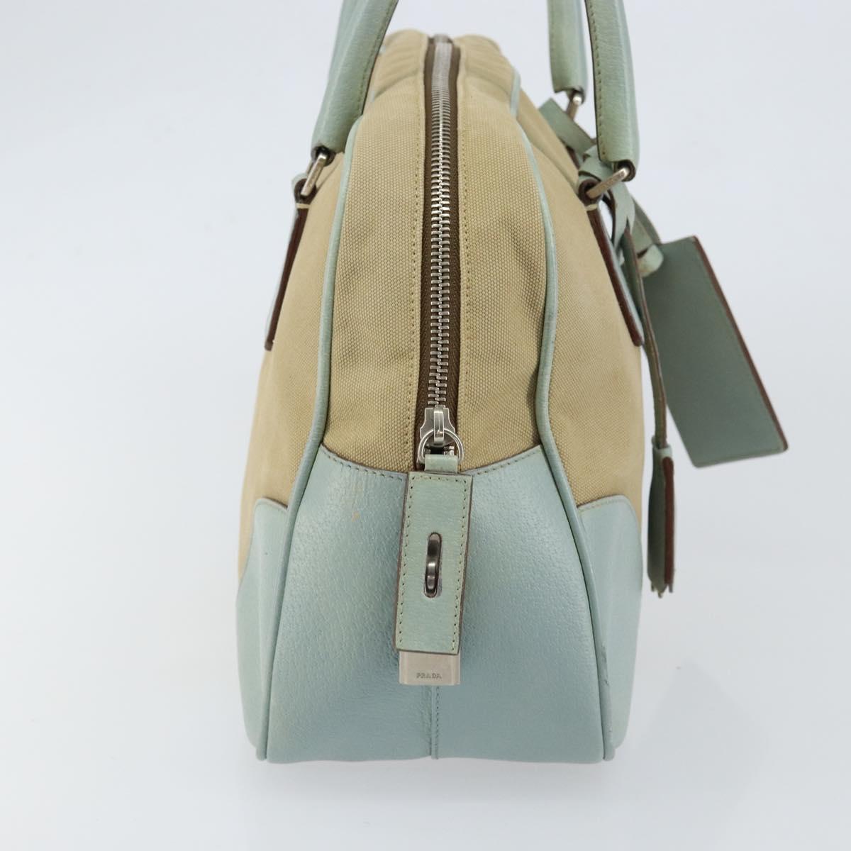 PRADA Boston Bag Canvas Beige Silver Auth 148422