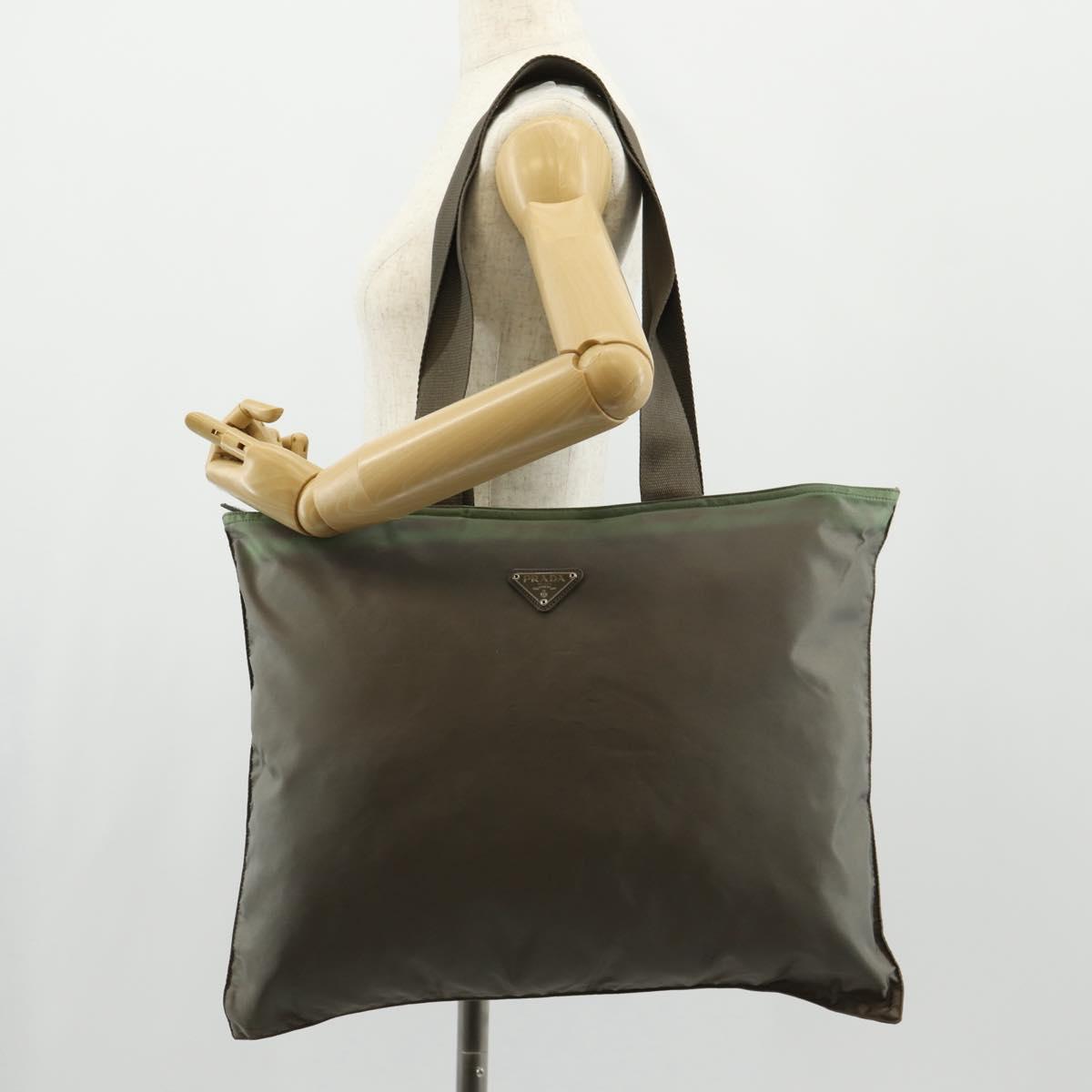 PRADA Tote Bag Nylon Khaki Silver Auth 148428