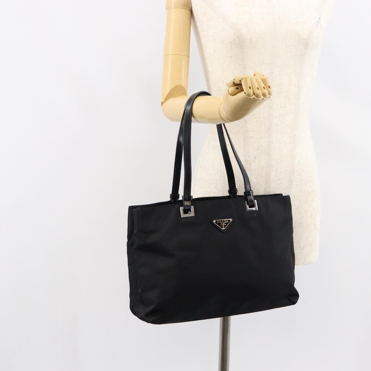 PRADA Tote Bag Nylon Black Silver Auth 148430