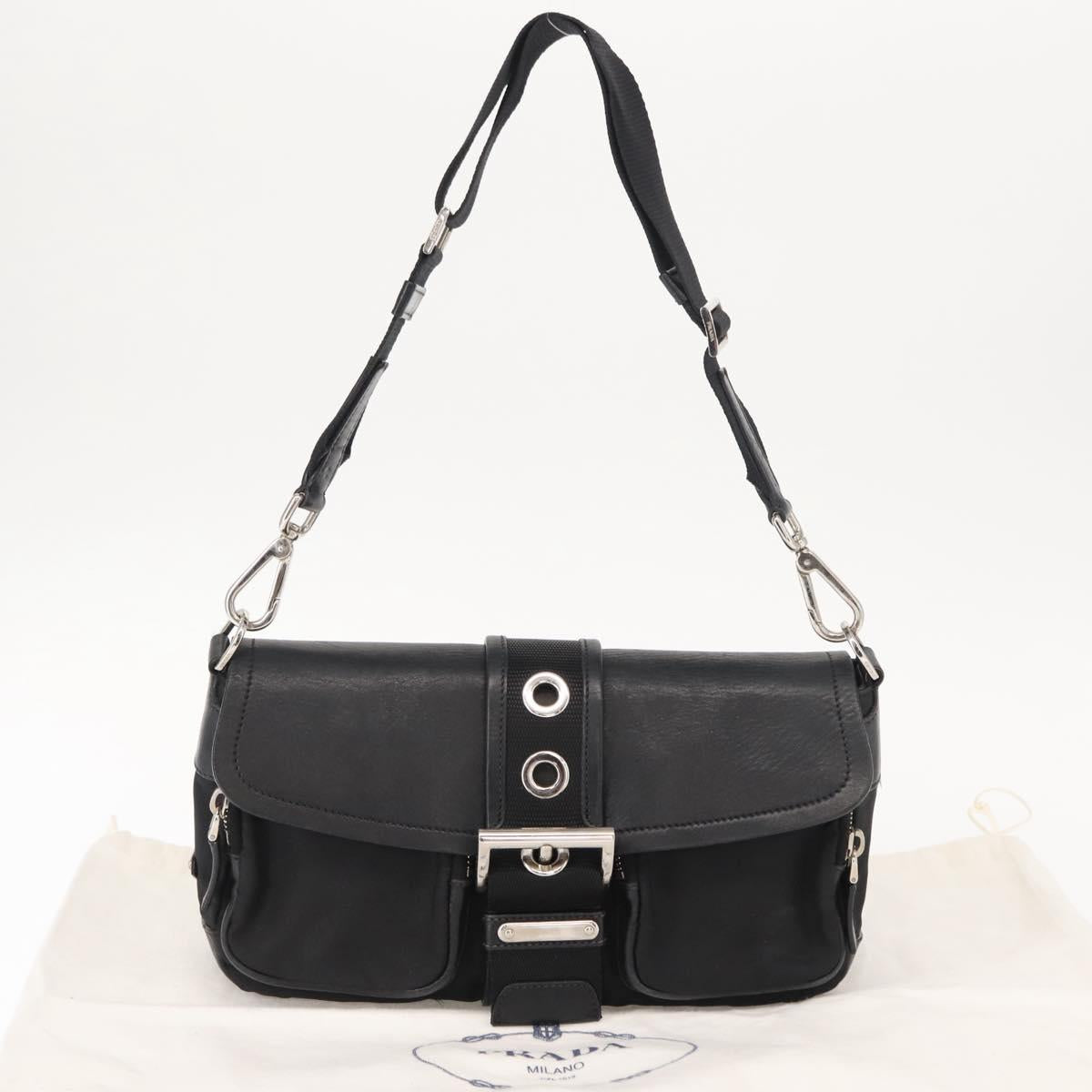 PRADA Shoulder Bag Nylon Black Silver Auth 148452
