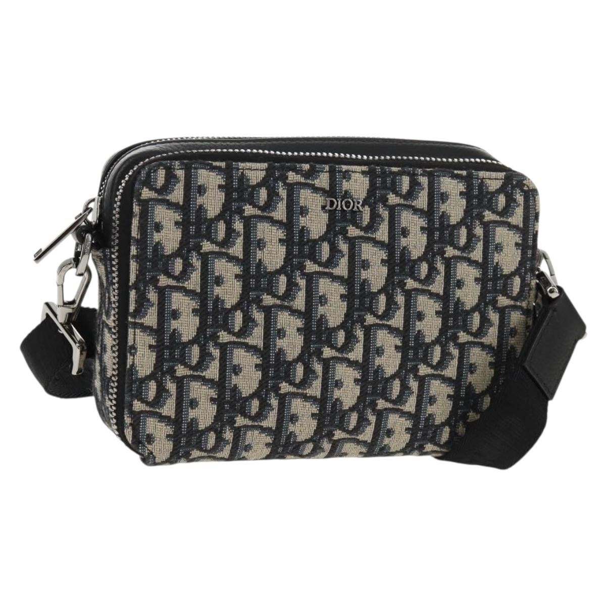 Christian Dior Trotter Canvas Oblique Shoulder Bag Navy Silver Auth 148526SAM