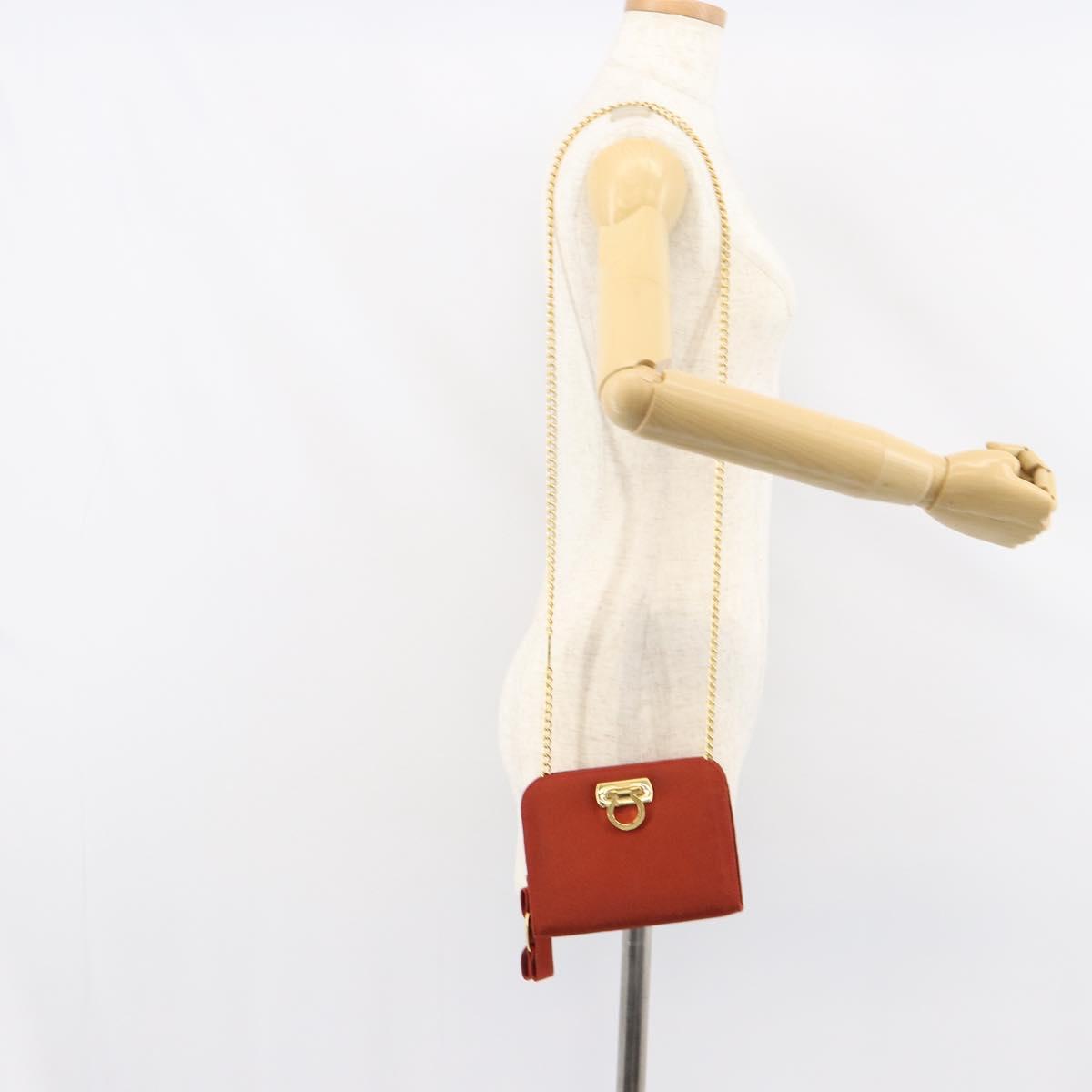 Salvatore Ferragamo Chain Shoulder Bag Nylon Red Gold Auth 148536