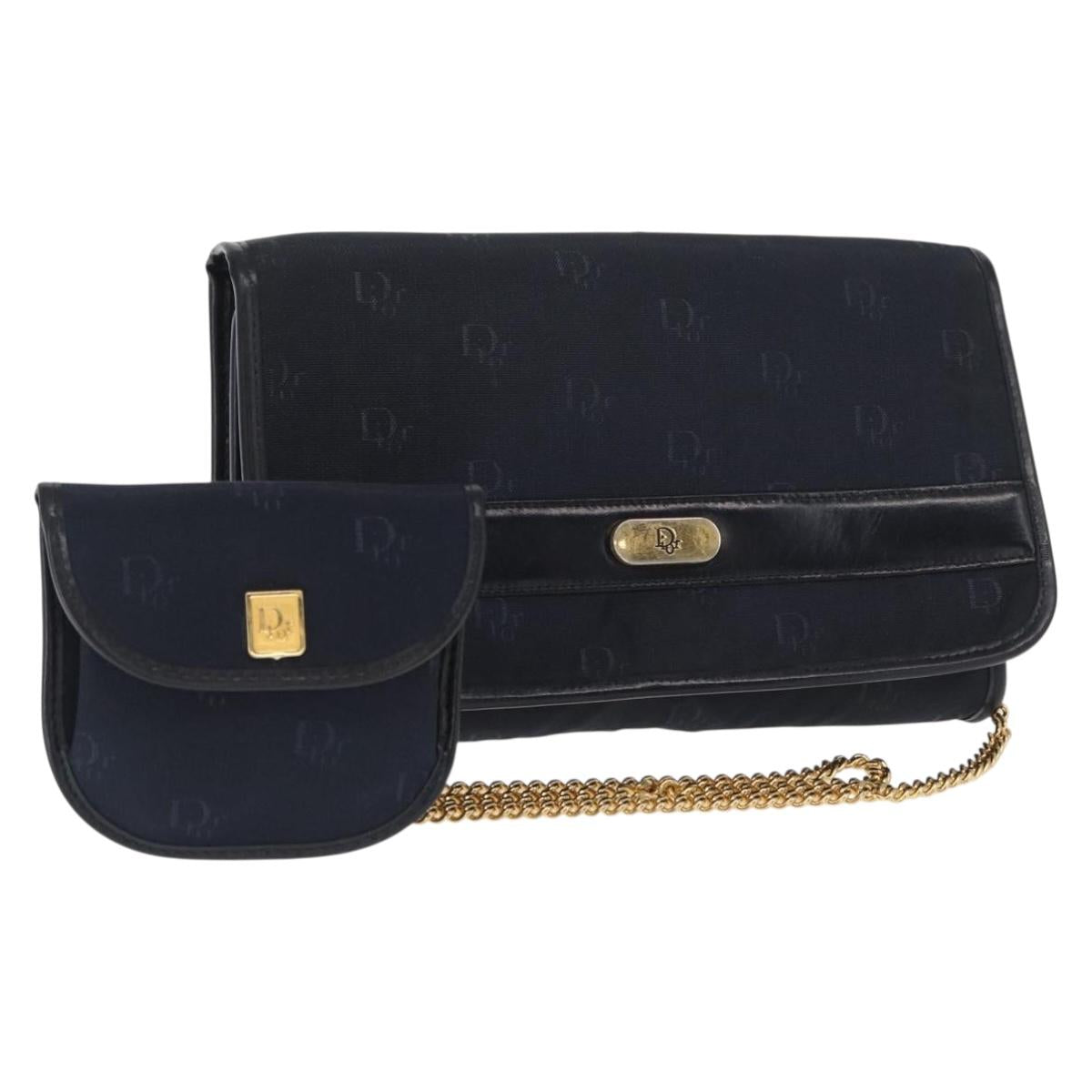 Christian Dior Chain Shoulder Bag Nylon Navy Gold Auth 148541