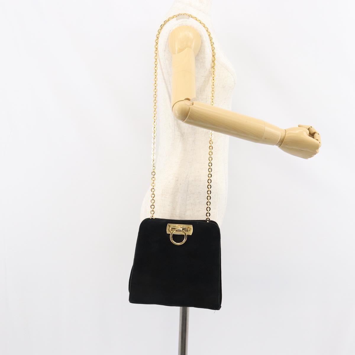 Salvatore Ferragamo Chain Gancini Shoulder Bag Suede Black Gold Auth 148567