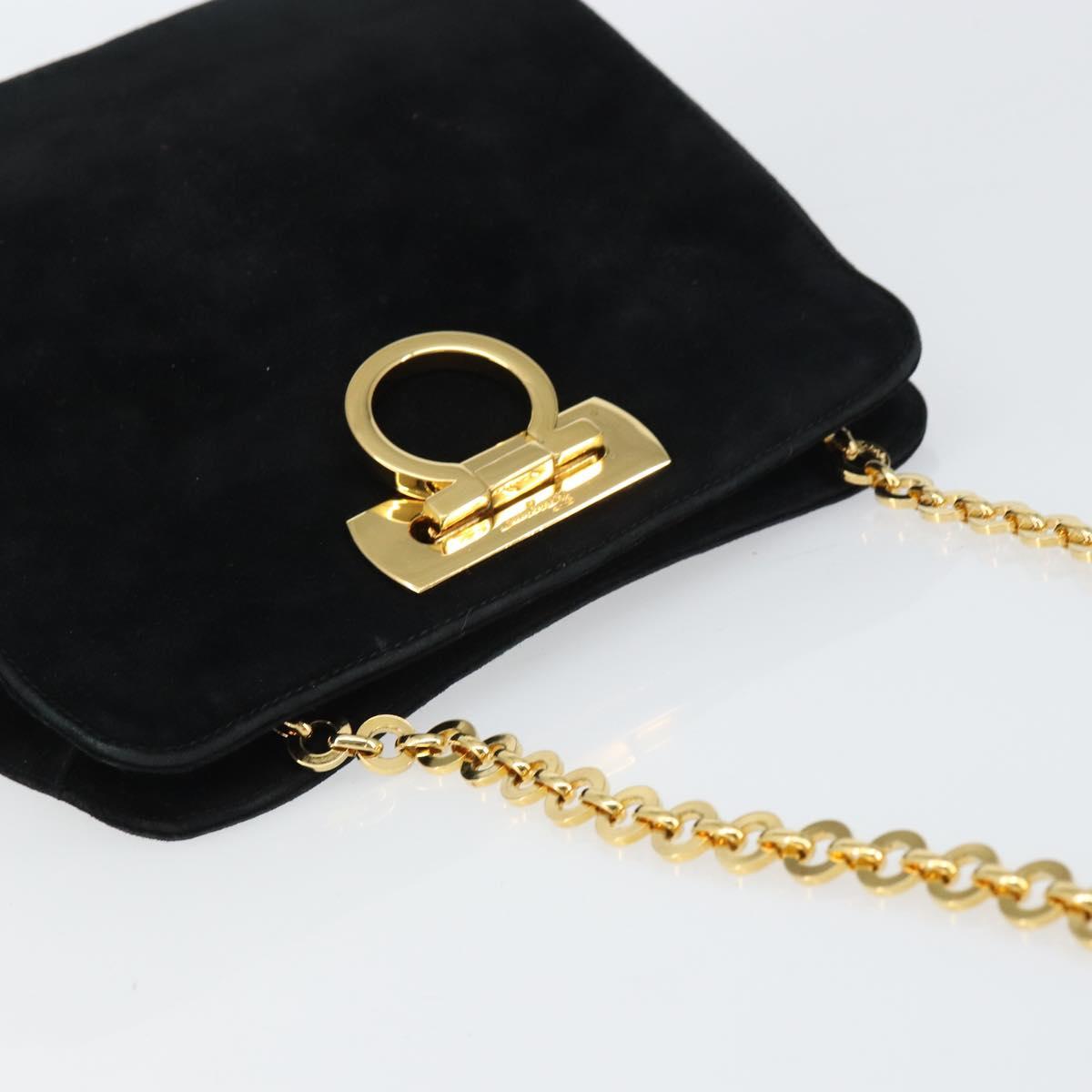 Salvatore Ferragamo Chain Gancini Shoulder Bag Suede Black Gold Auth 148567