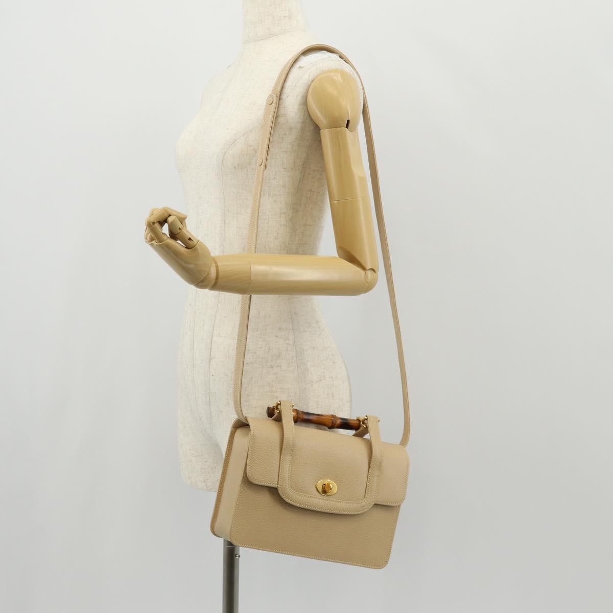 GUCCI Bamboo Hand Bag Leather 2way Beige Gold Auth 148621V