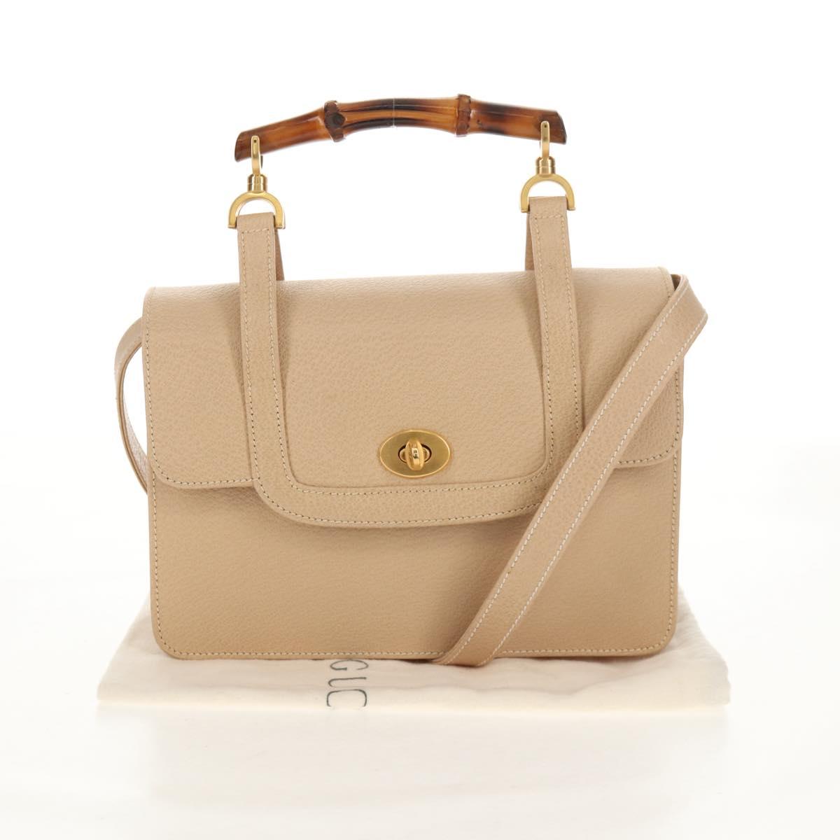 GUCCI Bamboo Hand Bag Leather 2way Beige Gold Auth 148621V