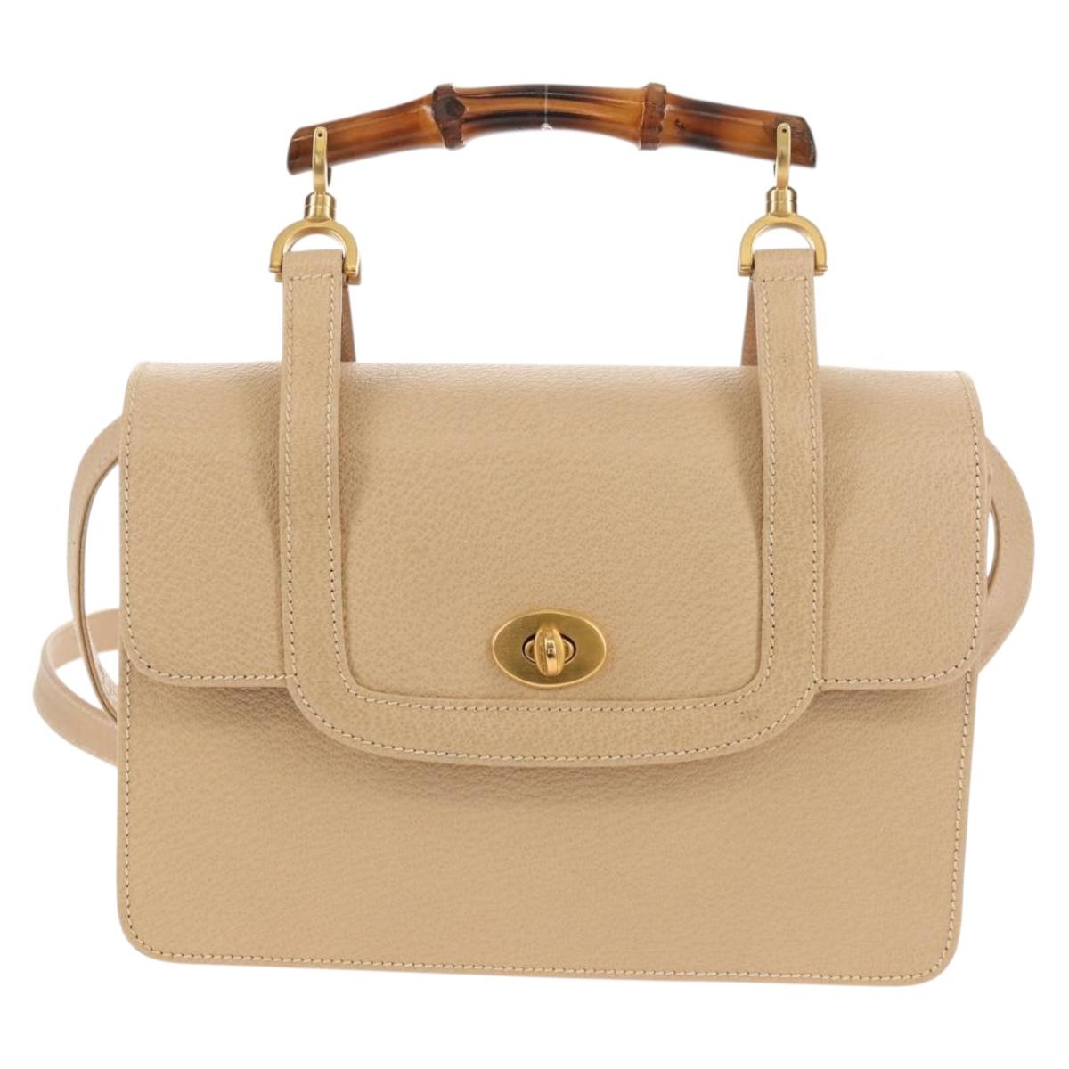 GUCCI Bamboo Hand Bag Leather 2way Beige Gold Auth 148621V