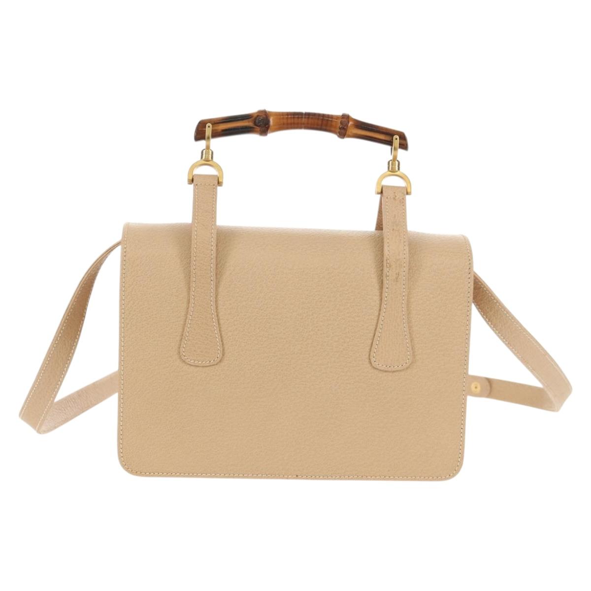 GUCCI Bamboo Hand Bag Leather 2way Beige Gold Auth 148621V