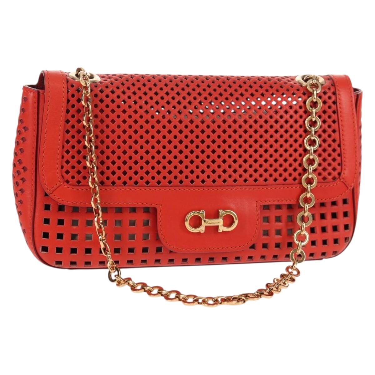 Salvatore Ferragamo Chain Shoulder Bag Leather Red Gold Auth 148629V