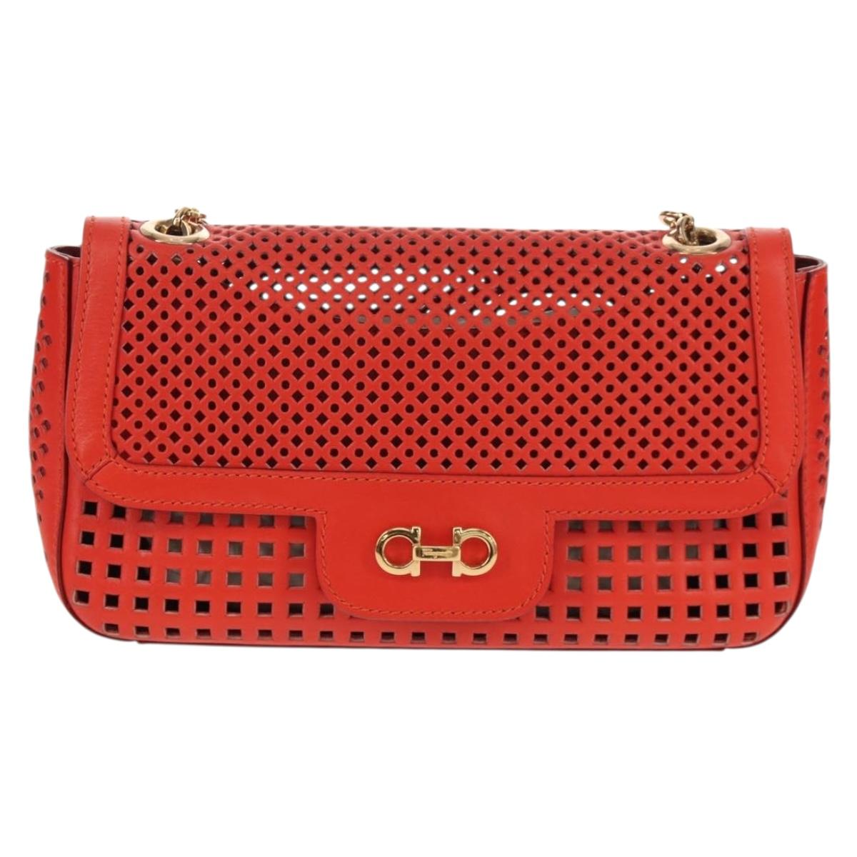 Salvatore Ferragamo Chain Shoulder Bag Leather Red Gold Auth 148629V