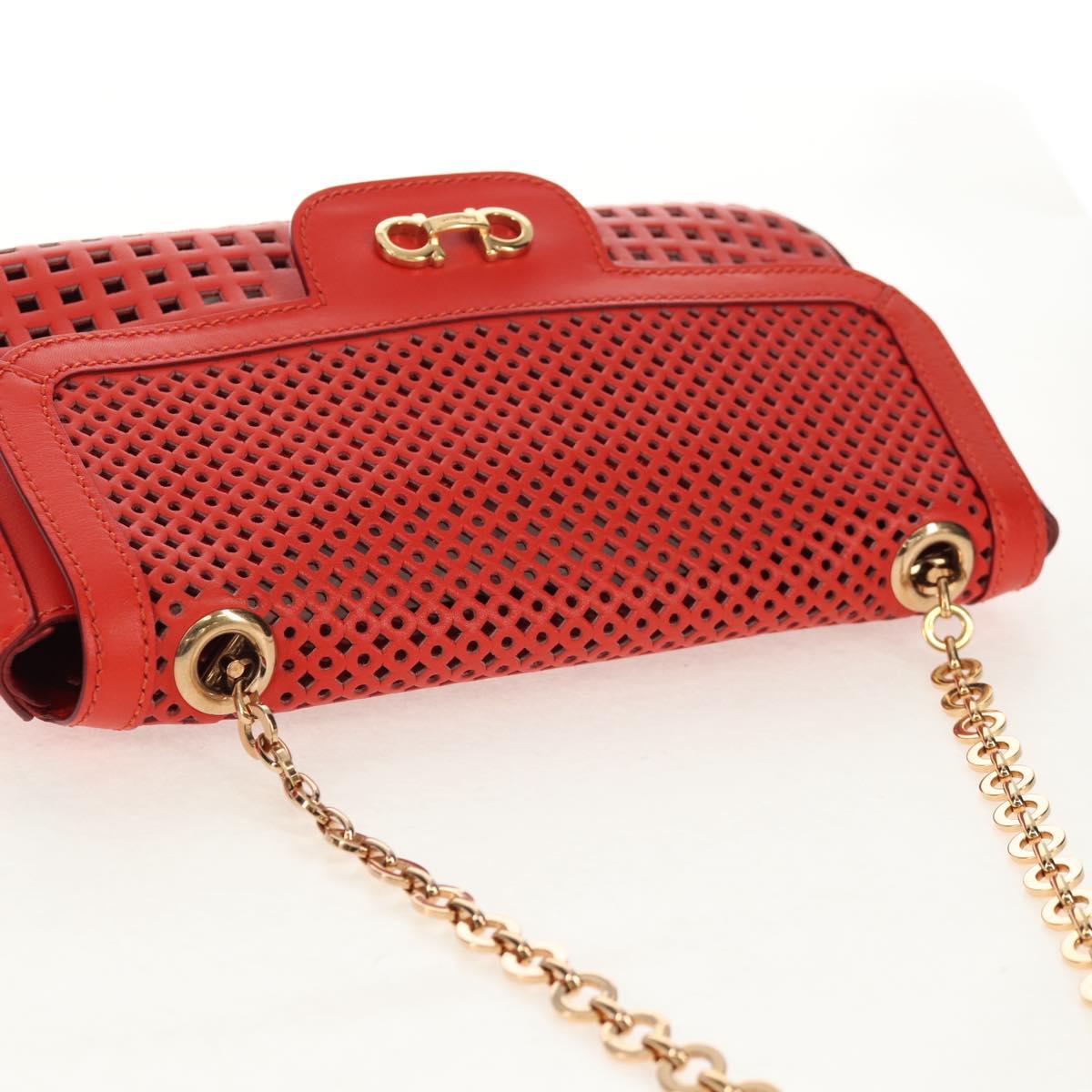 Salvatore Ferragamo Chain Shoulder Bag Leather Red Gold Auth 148629V