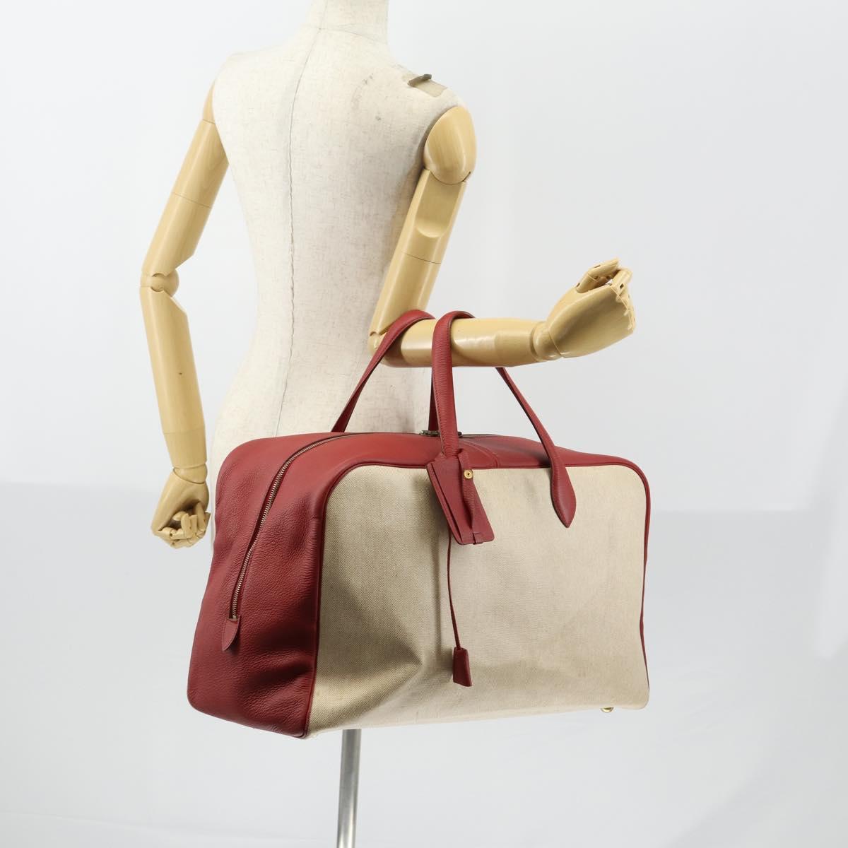 HERMES Victoria 50 Boston Bag Canvas Beige Gold Auth 148631