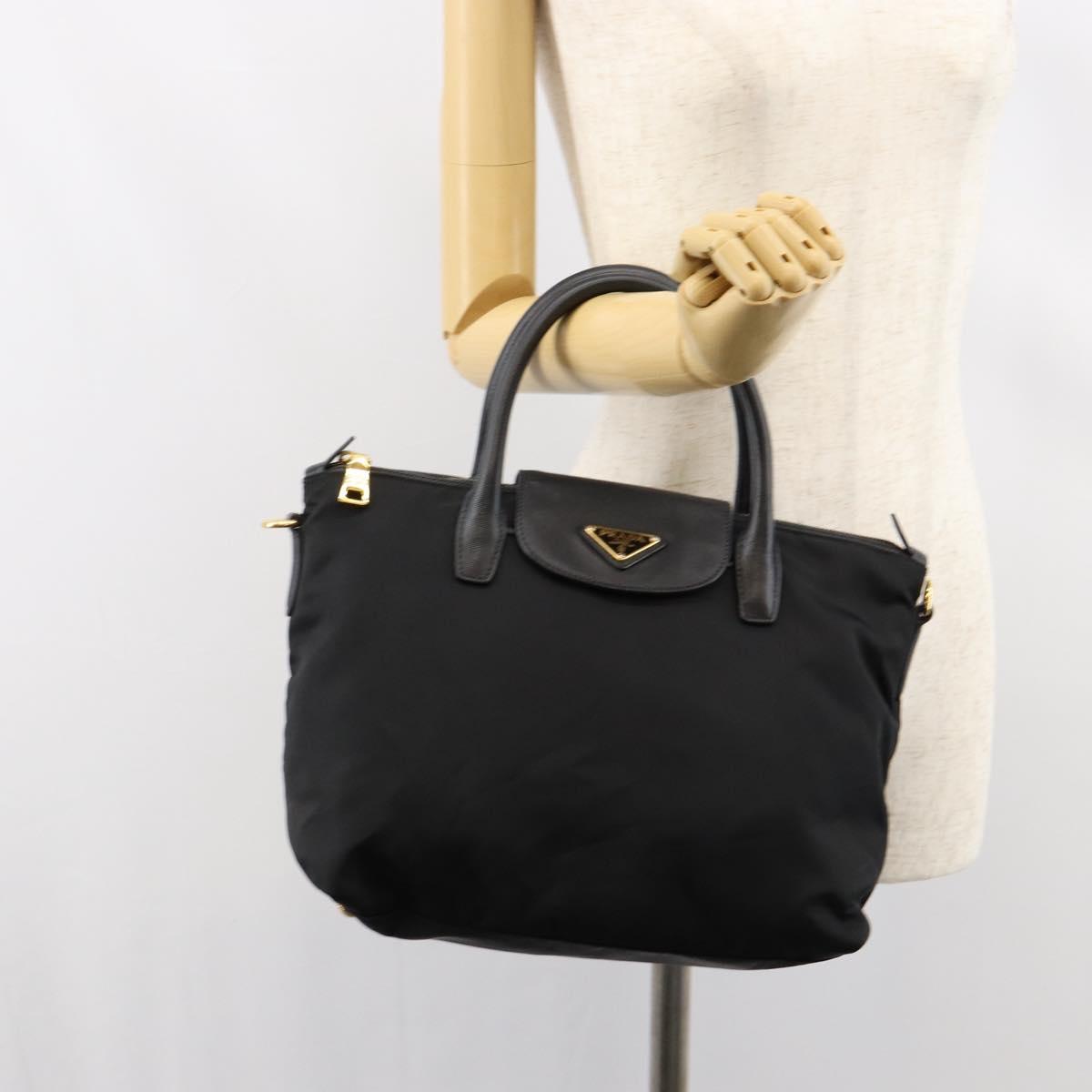 PRADA Hand Bag Nylon Black Gold Auth 148636