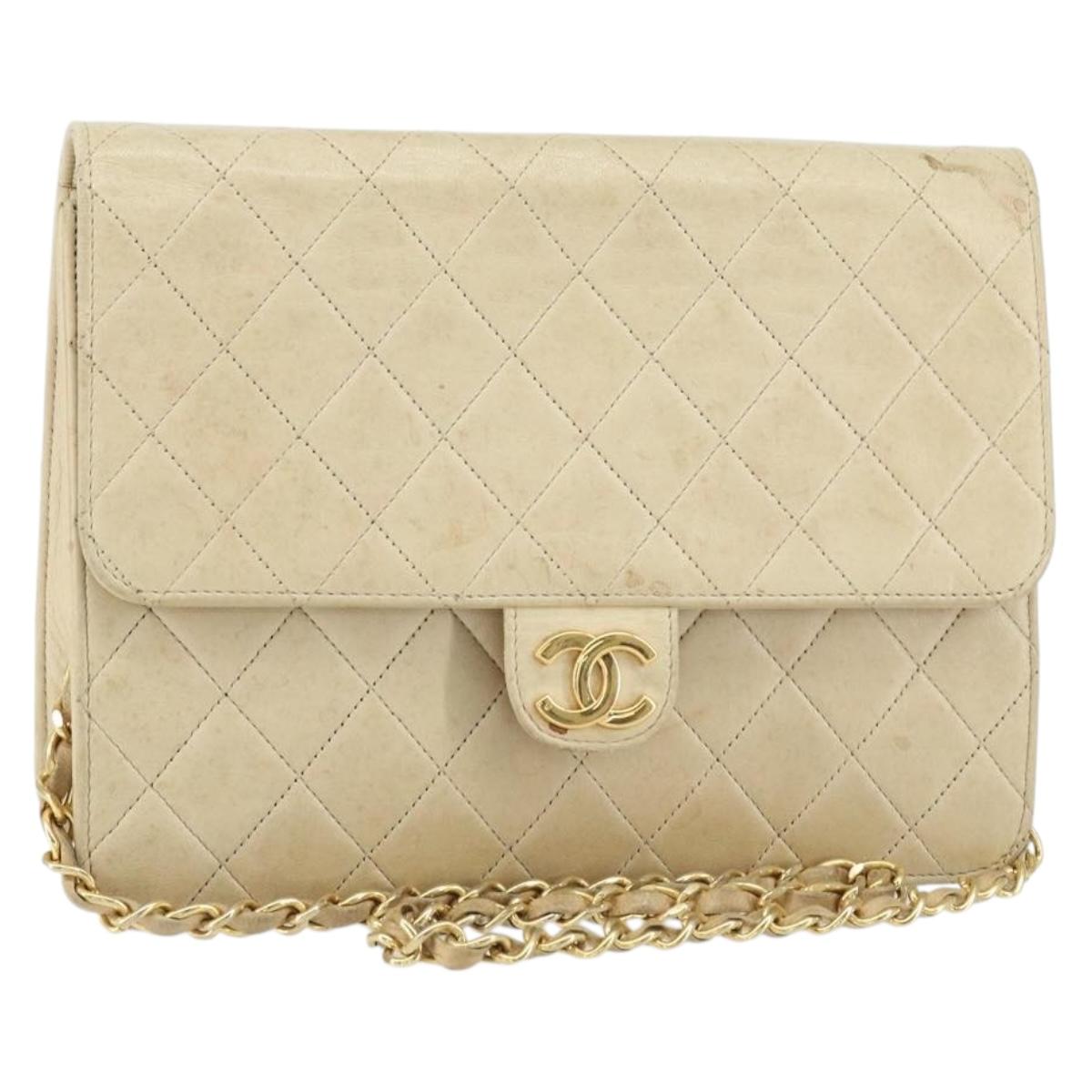 CHANEL Chain Shoulder Bag Lamb Skin Beige Gold CC Auth 148650