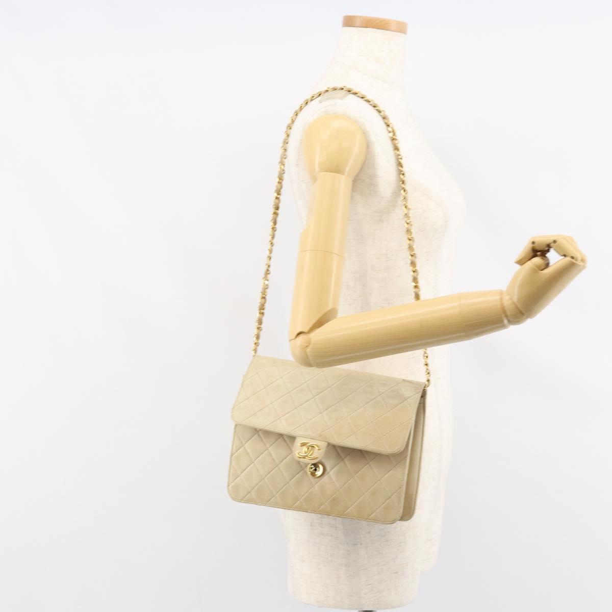 CHANEL Chain Shoulder Bag Lamb Skin Beige Gold CC Auth 148650